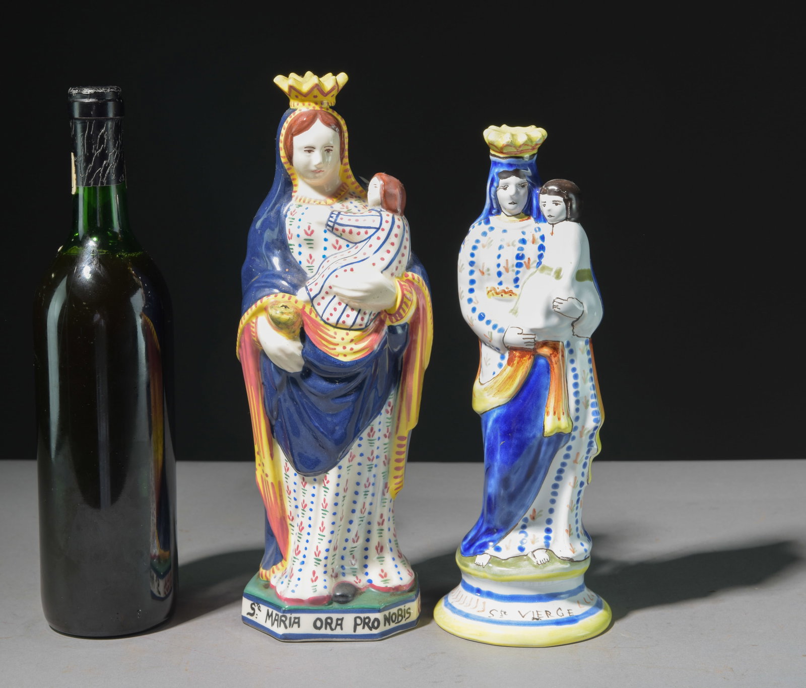 Two Quimper Virgin Mary with Child Figures: Two Quimper Virgin Mary with Child Figures - Largest is 12 in tall x 4.5 x 4