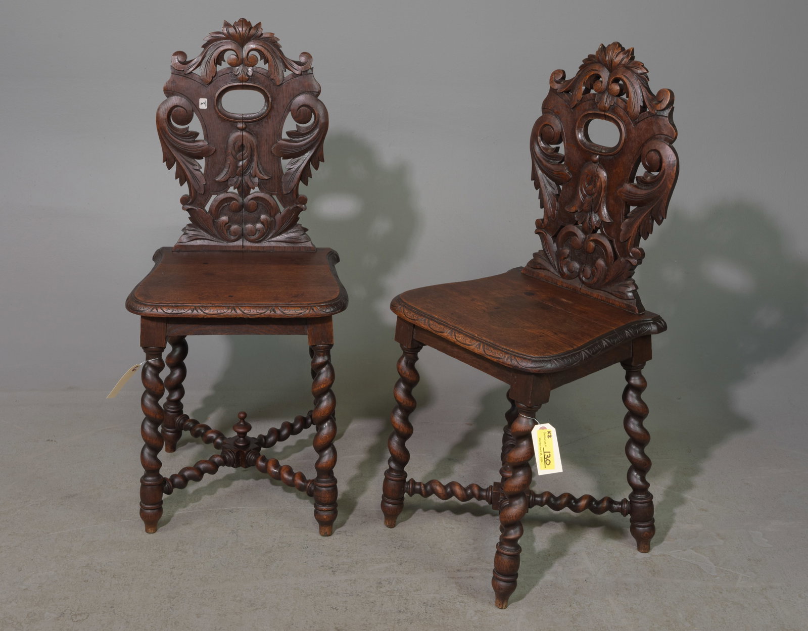 Pair of Louis XIII Style French Twist Oak Chairs: Pair of French Louis XIII Style French Twist Oak Chairs - 38 in tall x 17 x 16, Seat height is 19 inches