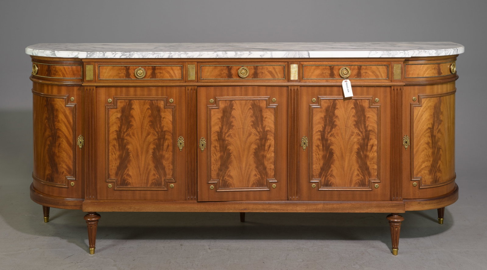 Louis XVI Style White Marble Top Mahogany Sideboard: French Louis XVI Style White Marble Top Mahogany Sideboard / Enfilade with Curved Sides - 39.75 in tall x 91 x 21.5