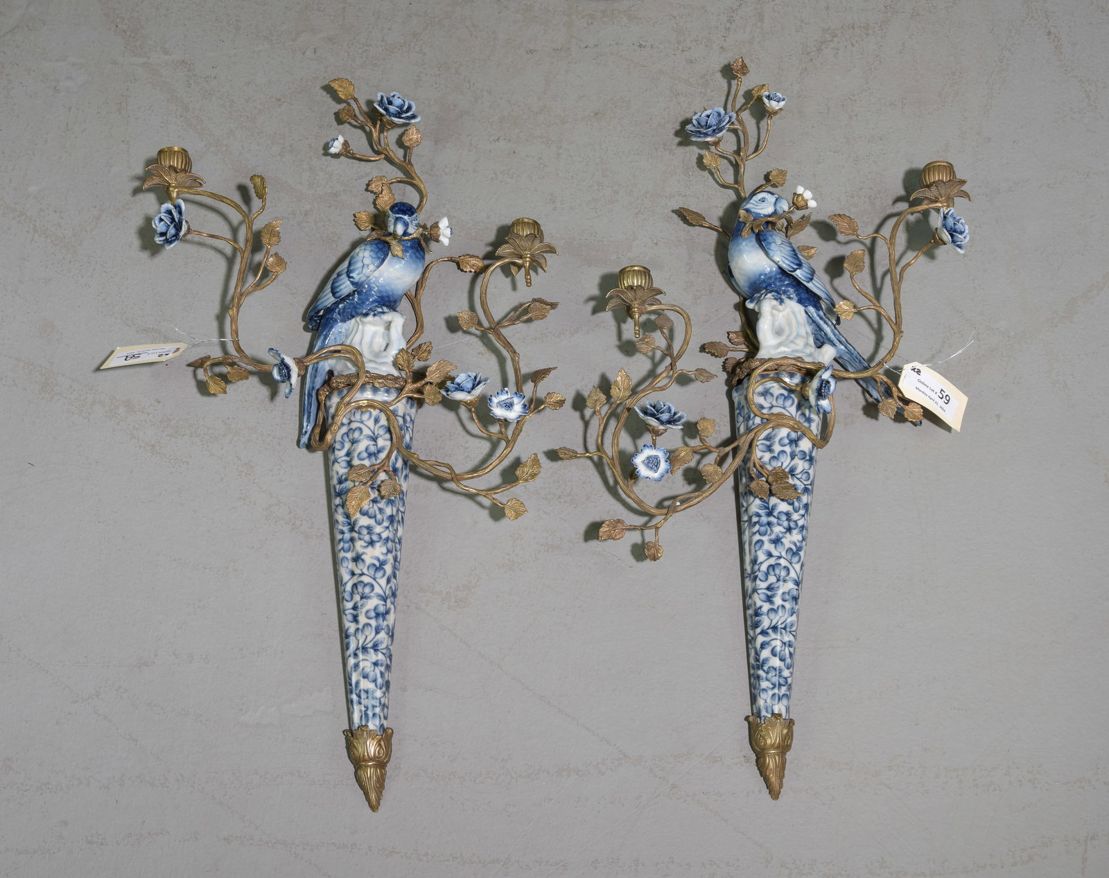 Porcelain Birds Blue & White Figural Sconces (1 of 8)