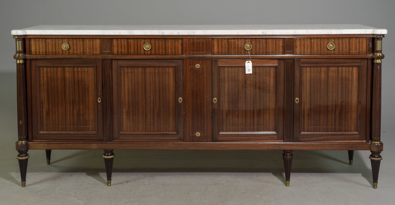 Louis XVI Style Marble Top Mahogany Sideboard: French Louis XVI Style Marble Top Mahogany Sideboard - 40.5 in tall x 94 x 22