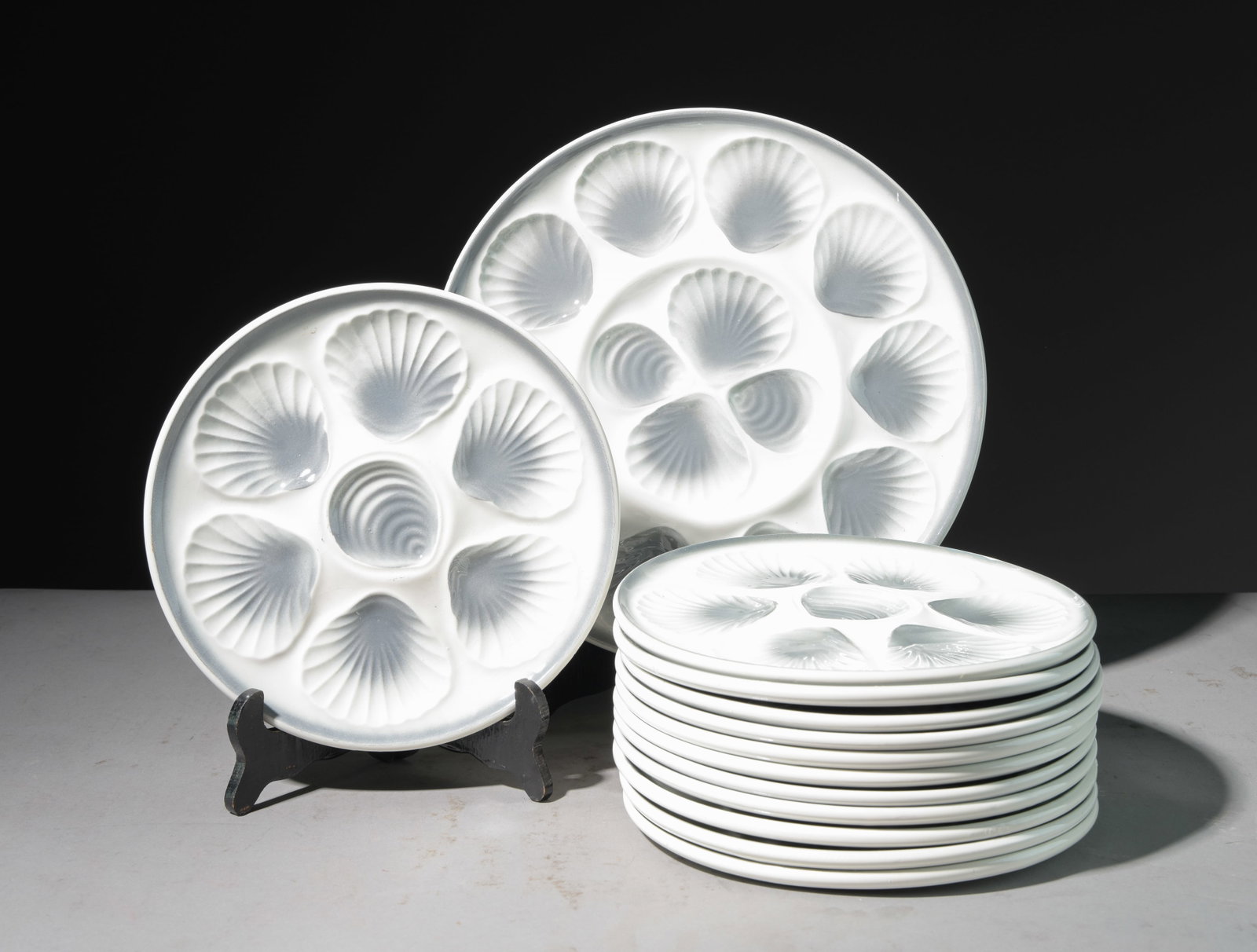 13pc French Blue/Grey Scallop Plate Set: 13pc French Blue/Grey Scallop Plate Set - Platter is 1 in tall x 13 inch diameter