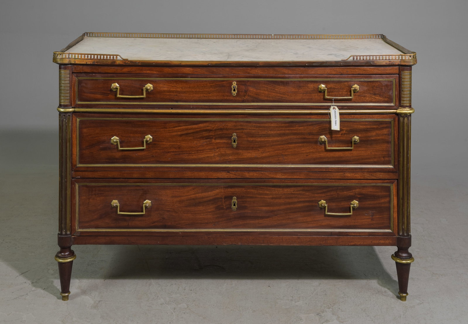 Louis XVI Style White Marble Top Chest with Gallery: French Louis XVI Style White Marble Top Chest with Gallery - 35 in tall x 51 x 23