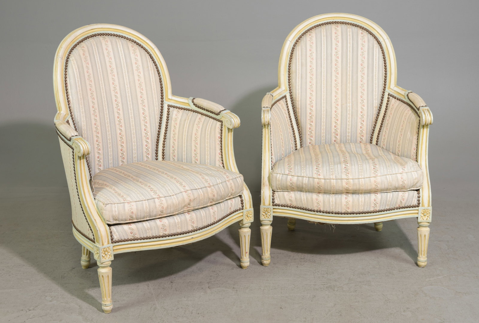 Pair of Louis XVI Style Painted Bergere Chairs: Pair of French Louis XVI Style Painted Bergere Chairs - 37 in tall x 25 x 20, Seat height is 16 inches
