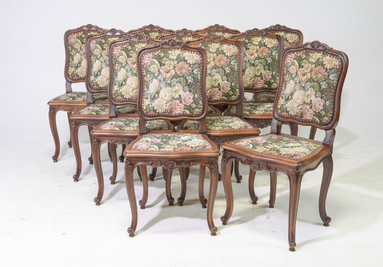 Set of 11 Louis XV Style Walnut Dining Chairs: Set of 11 French Louis XV Style Walnut Dining Chairs with Floral Upholstery - 38.5 in tall x 19.5 x 17.5, Seat height is 18 inches
