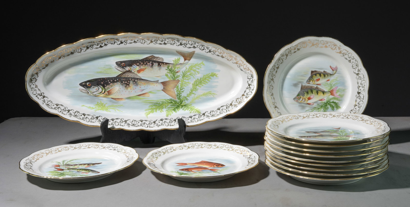 13pc French Fish Plate Set - Platter & 12 Plates: 13pc French Fish Plate Set - Platter & 12 Plates - Platter is 1.5 in tall x 21 x 9