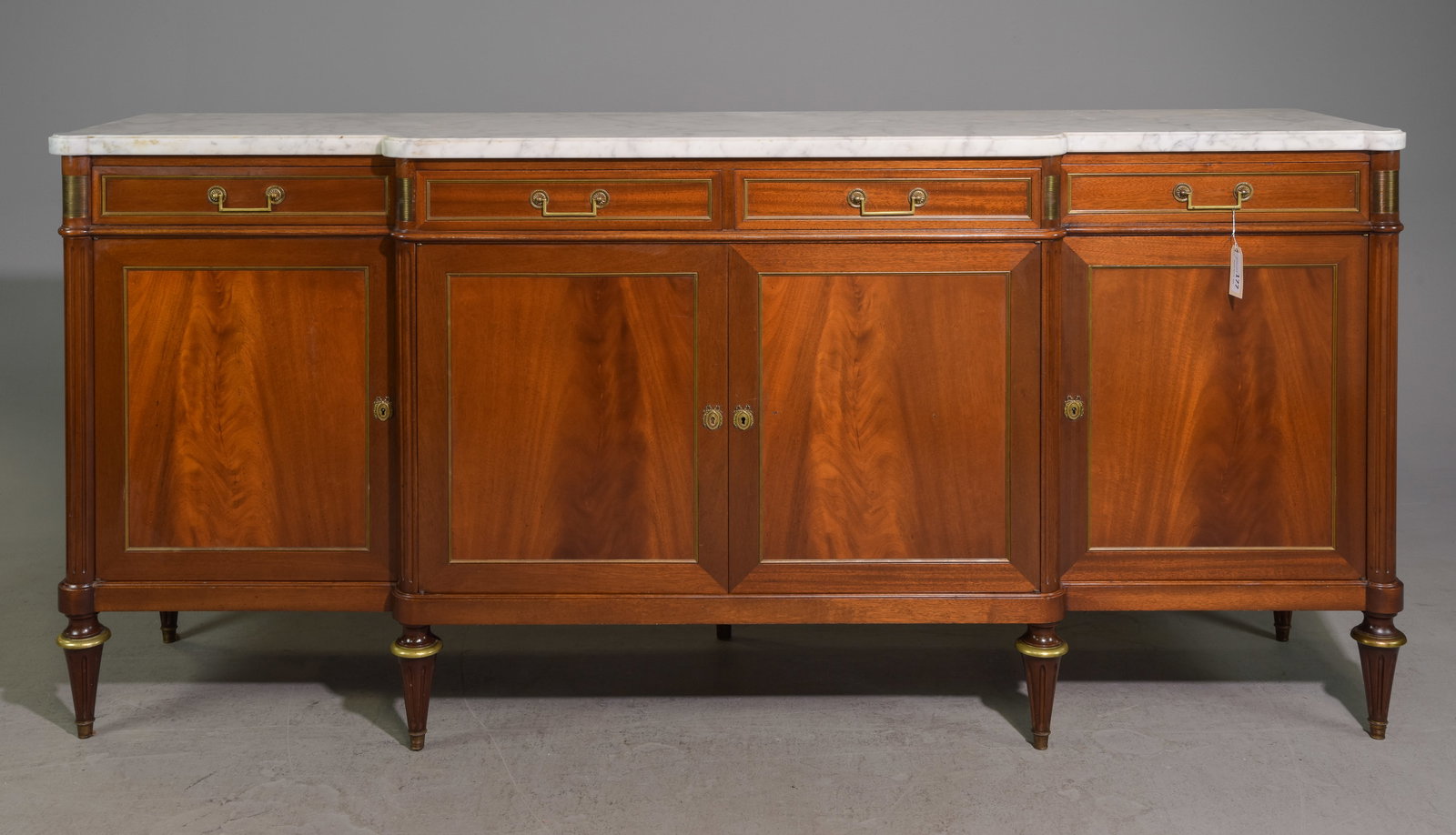 Louis XVI Style White Marble Top Sideboard #1: French Louis XVI Style White Marble Top Mahogany Sideboard / Enfilade - 40.5 in tall x 88.5 x 22