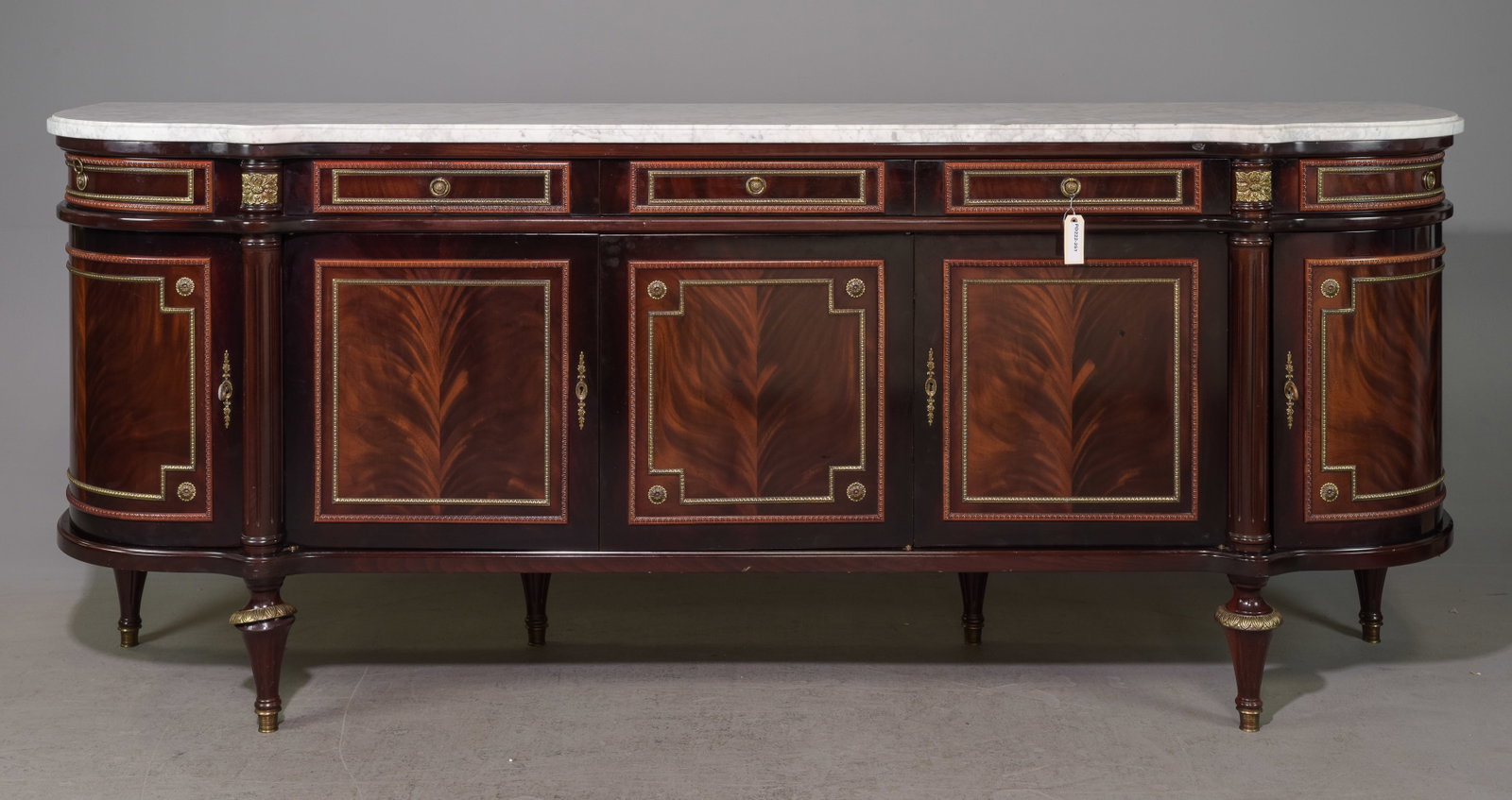 Louis XVI Style White Marble Top Sideboard: French Louis XVI Style White Marble Top Mahogany Sideboard / Enfilade - 41.5 in tall x 101.5 x 23.5
