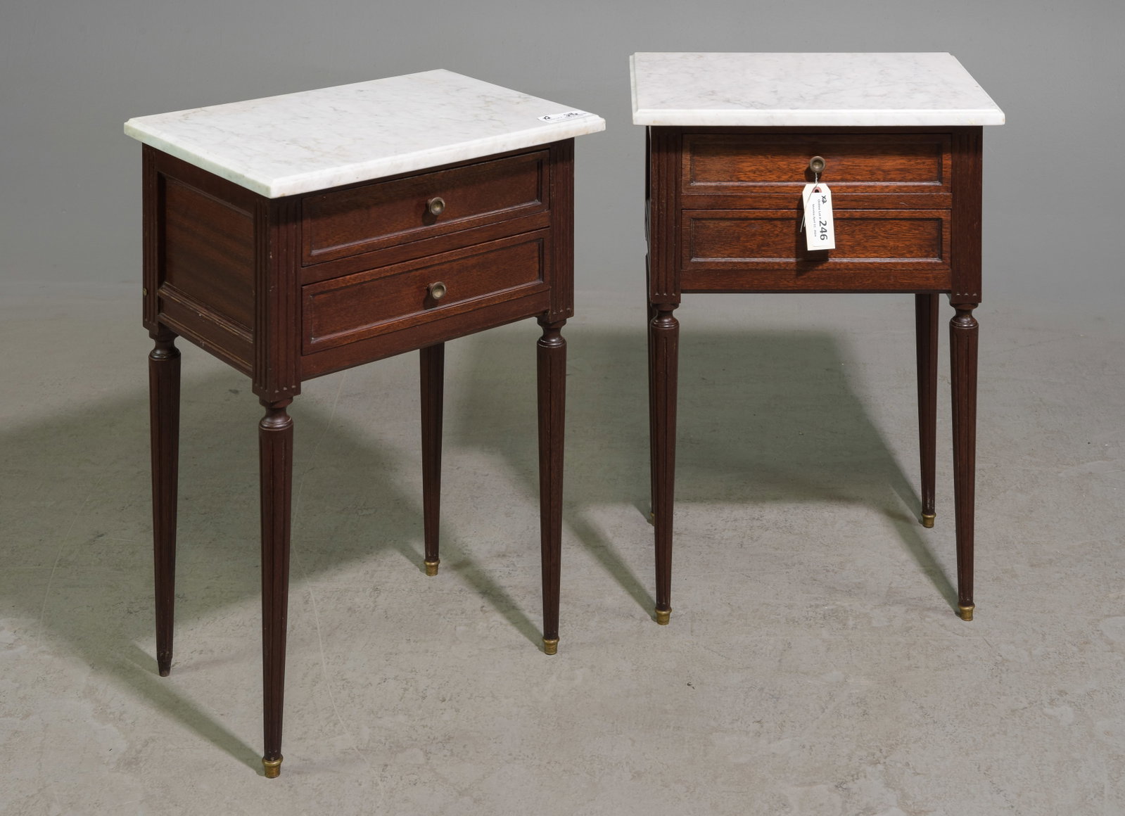 2 Louis XVI Style White Marble Top Chests: 2 French Louis XVI Style White Marble Top Mahogany Chests / Nightstands - 28 in tall x 18.5 x 13.5 each