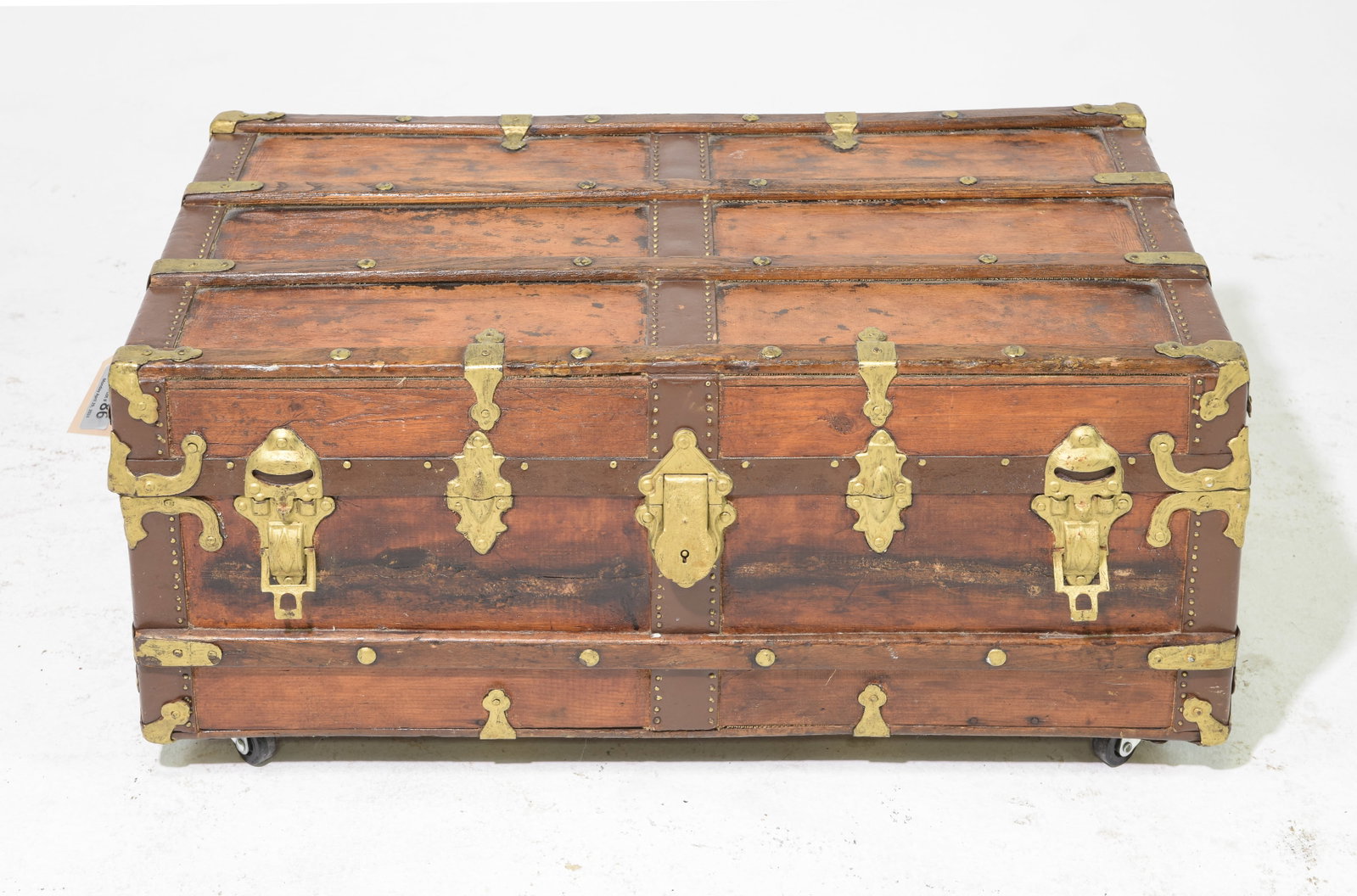 Carriage / Travel Trunk with Brass Finished Accents: Carriage / Travel Trunk with Brass Finished Accents on Wheels - 14 in tall x 32 x 18.5