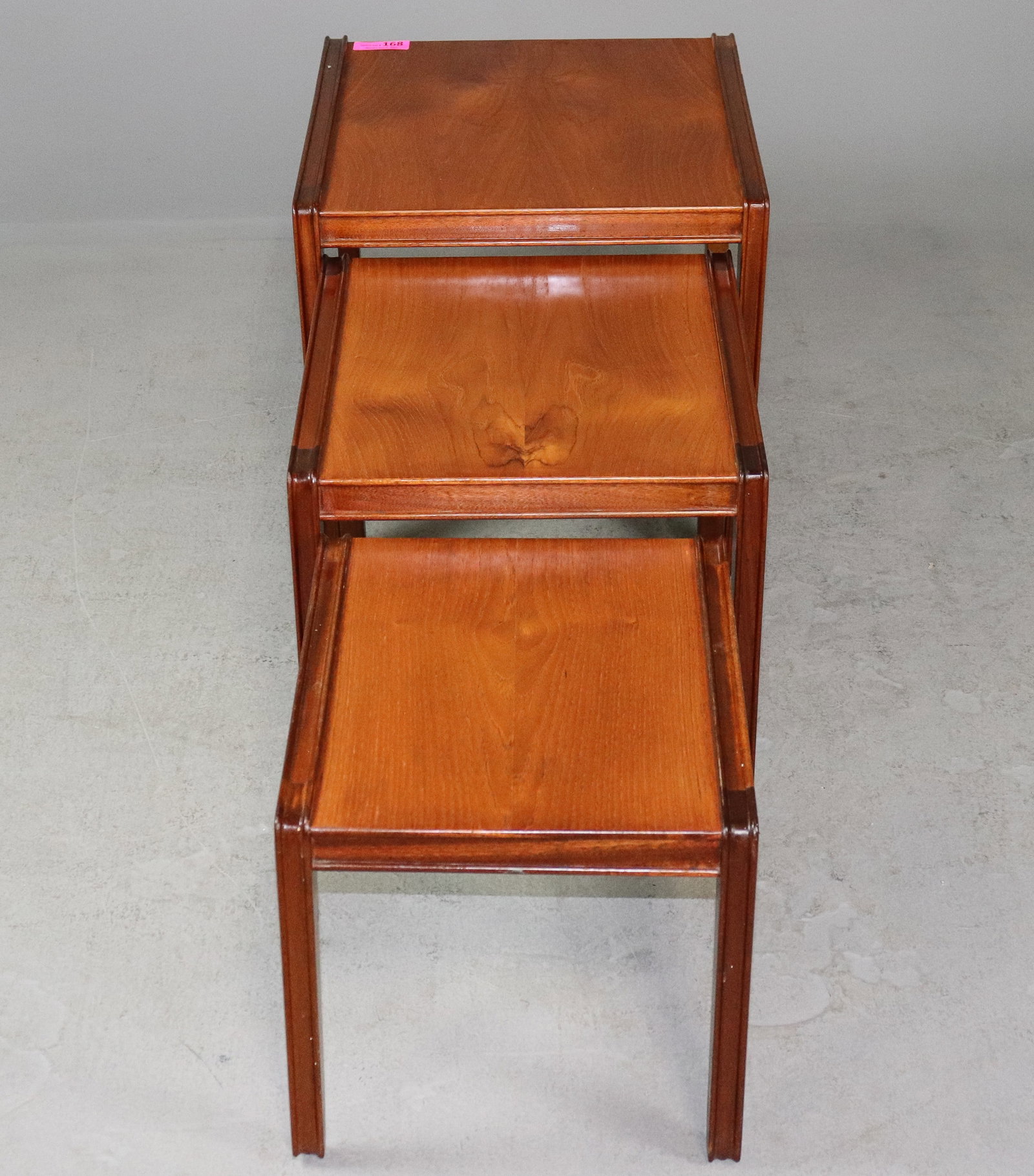 Mid Century Modern Style Nest Of 3 Tables: Danish Modern Style Nest Of 3 Tables - tallest is 18.5 inches tall x 20 x 19.5, middle one is 16 inches tall x 18.5 x 17, smallest one is 14 inches tall x 17 x 14.5