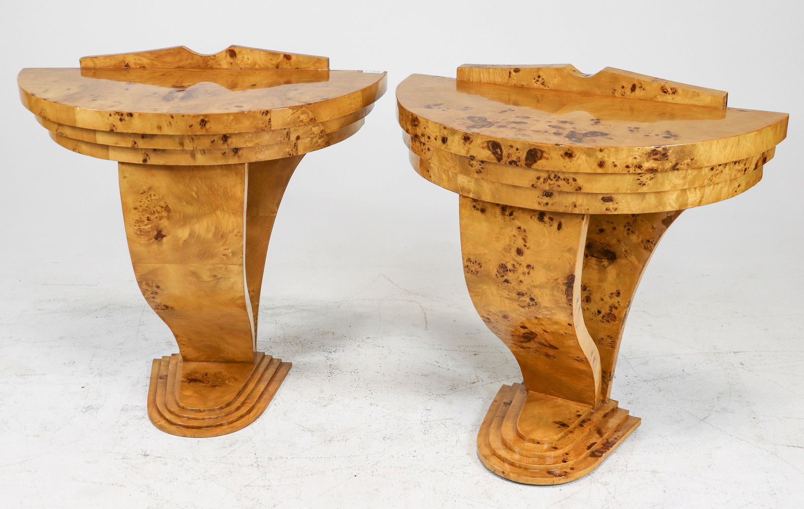 2 Art Deco Style Burled Demilune Hall Tables (1 of 5)