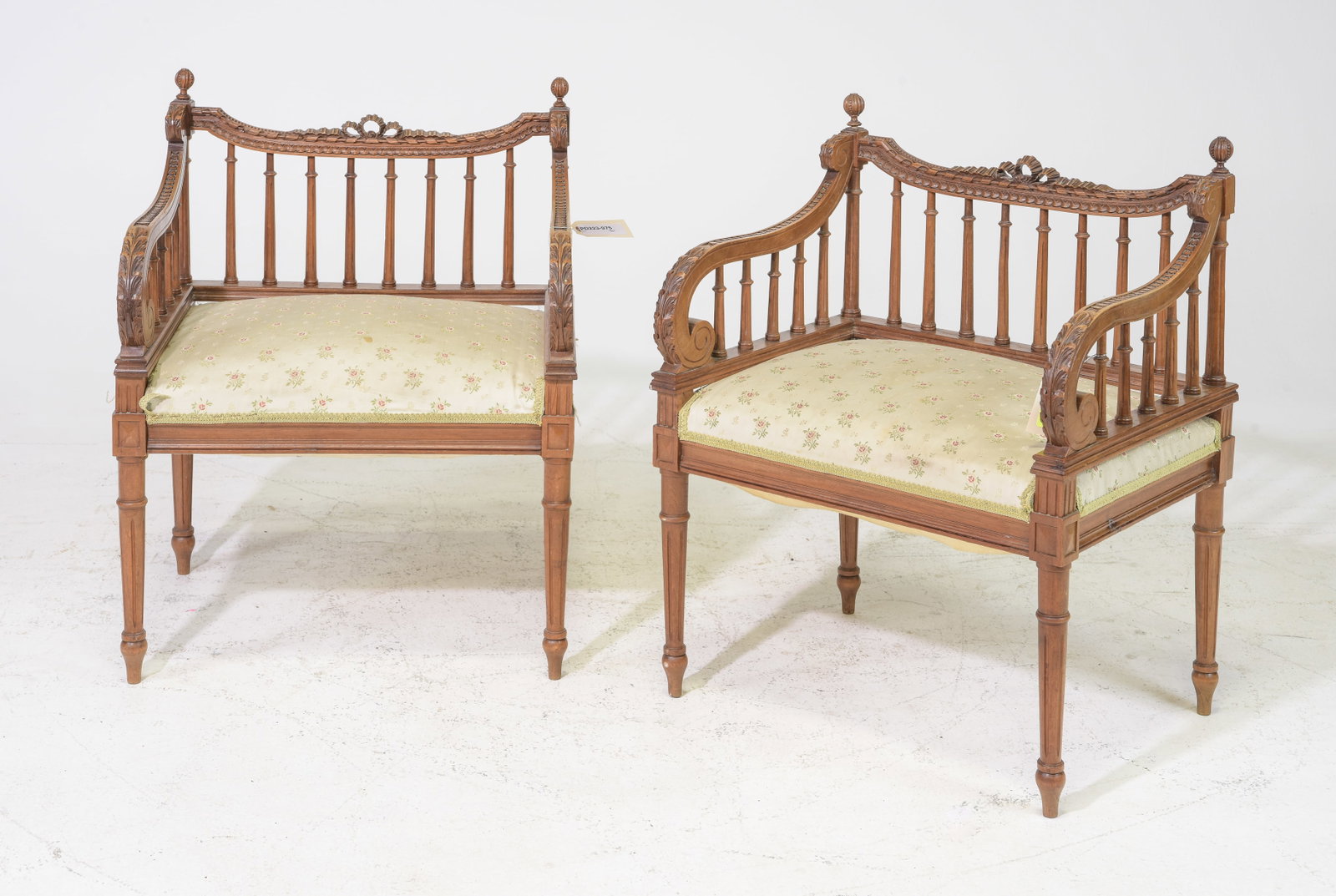 Pair of Louis XVI Style Walnut Arm Chairs: Pair of French Louis XVI Style Walnut Arm Chairs c.1920's-30's - 30.5 in tall x 24 x 18, Seat height is 17 inches.