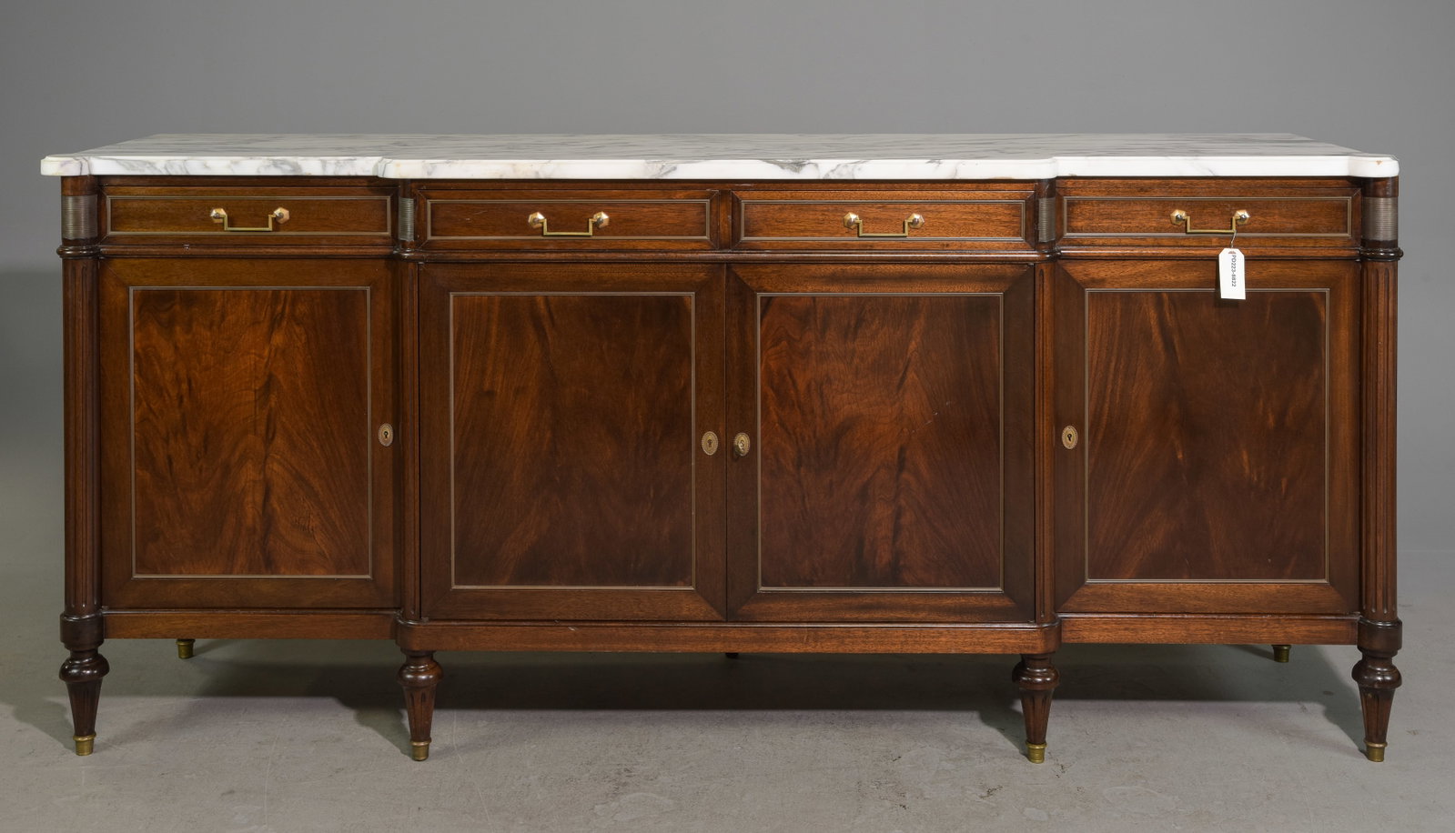 Louis XVI Style White Marble Top Sideboard: French Louis XVI Style White Marble Top Mahogany Sideboard / Enfilade - 40.5 in tall x 89 x 21
