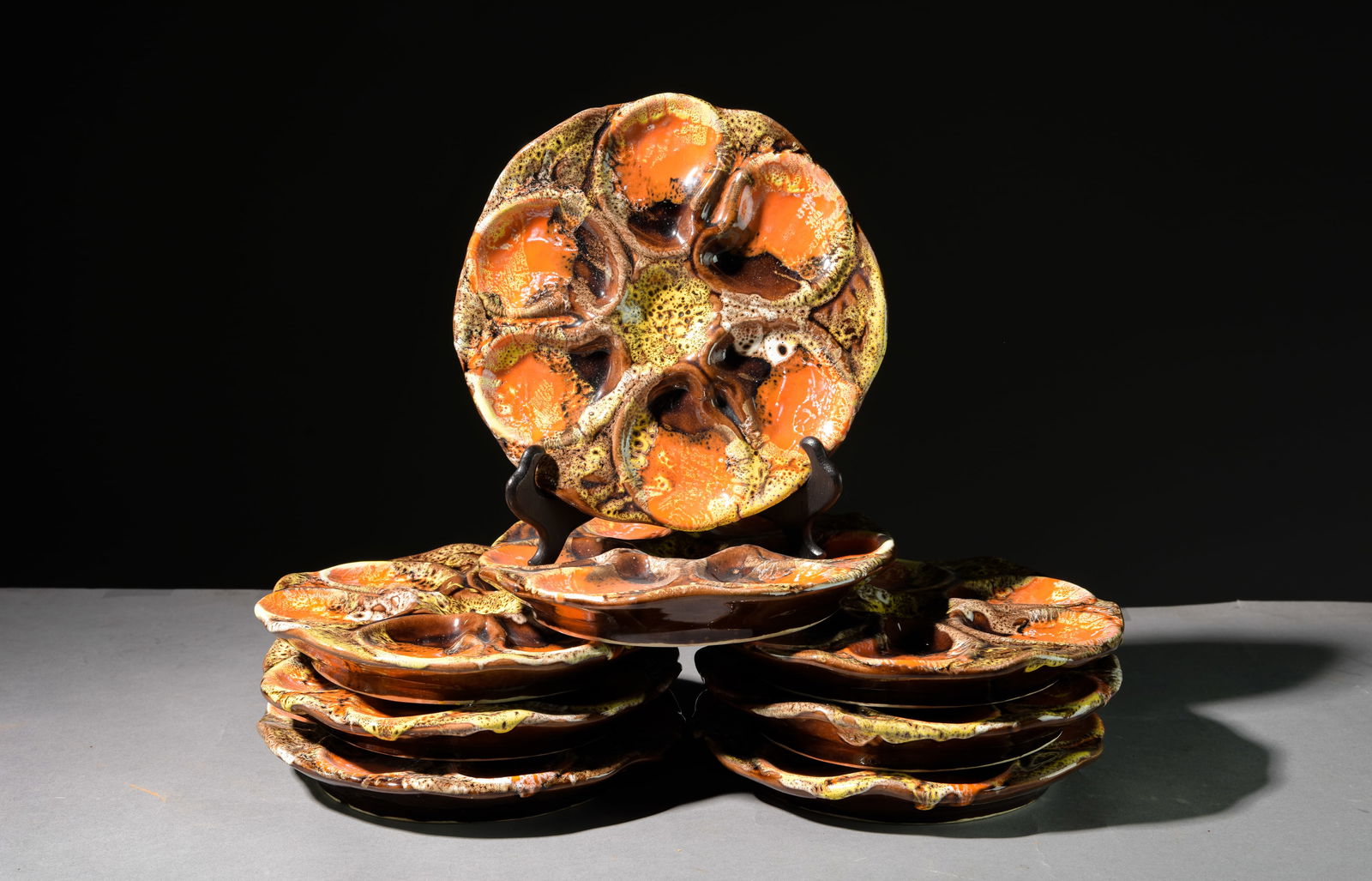 Set of 8 French Barbotine Oyster Plates (1 of 4)