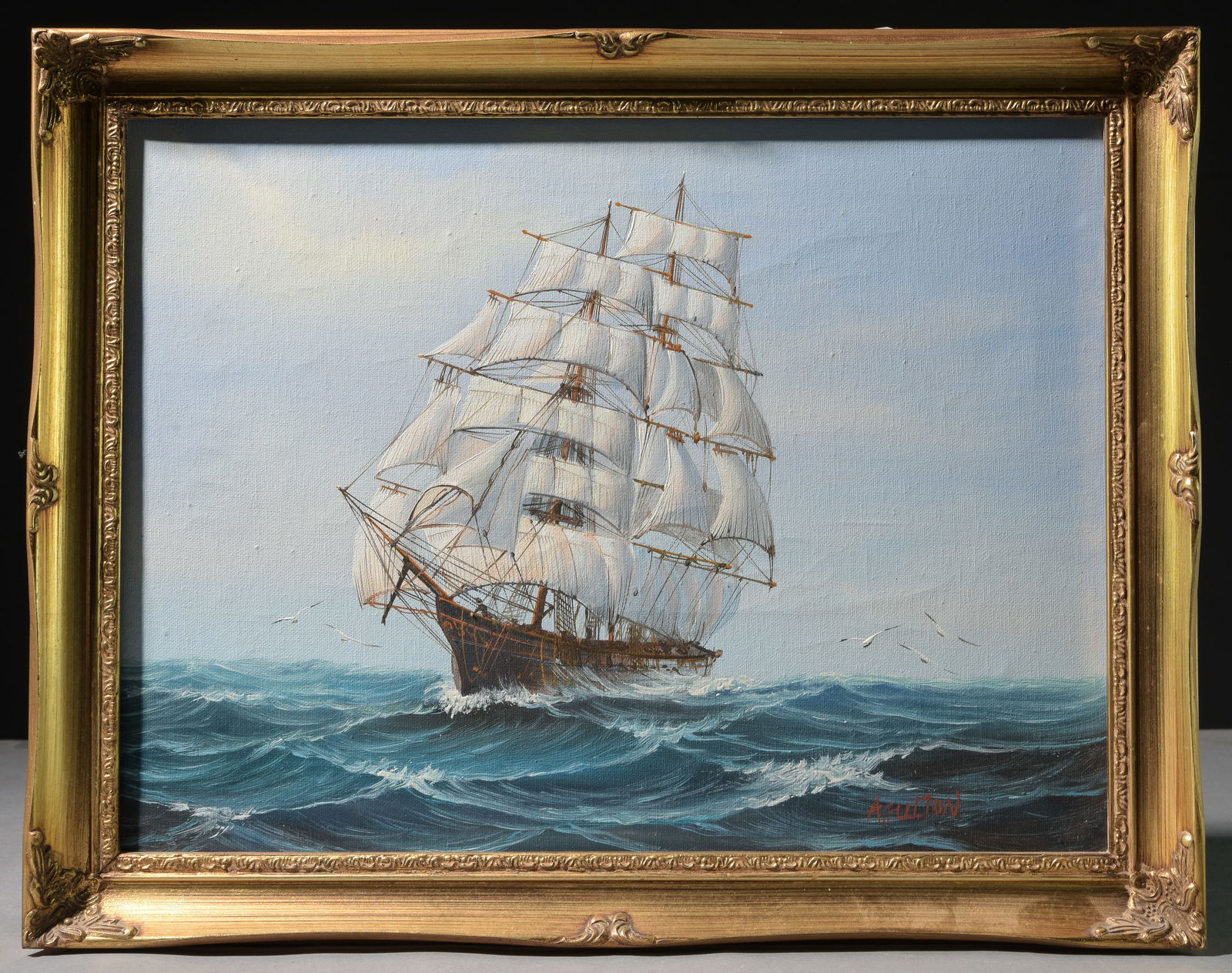 A. Fulton Gold Framed Oil on Canvas - Ship (1 of 3)