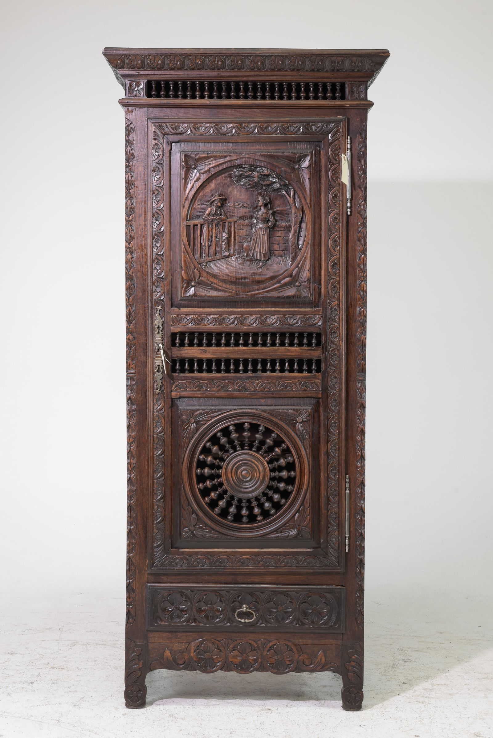 French Breton Style Finely Carved Chestnut Bonnetiere: French Breton Style Finely Carved Chestnut Bonnetiere - 74 in tall x 32 x 18.5