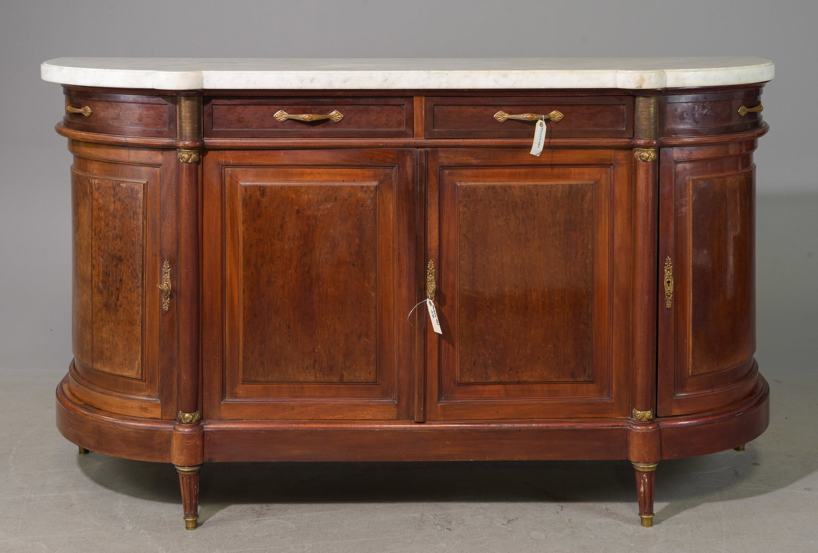 Louis XVI Style Curved White Marble Top Sideboard: French Louis XVI Style Curved White Marble Topo Sideboard - 43 inches tall x 74.5 x 24