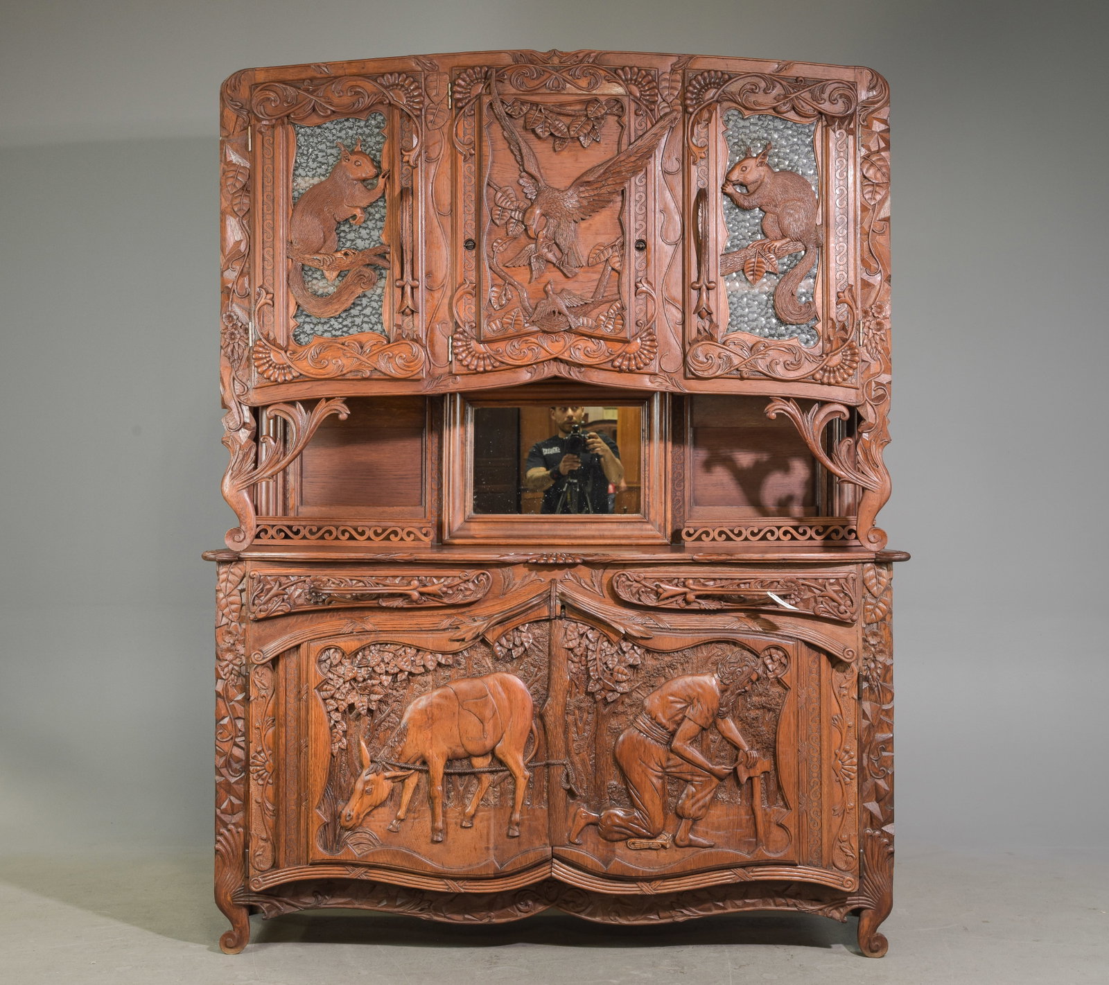 French Art Nouveau Style Finely Carved Double Buffet: French Art Nouveau Style Finely Carved Oak Double Buffet featuring Woodland Animals c.1890's-1930's - 88 in tall x 70 x 21 - This is 7.3 feet tall by 5.8 feet wide