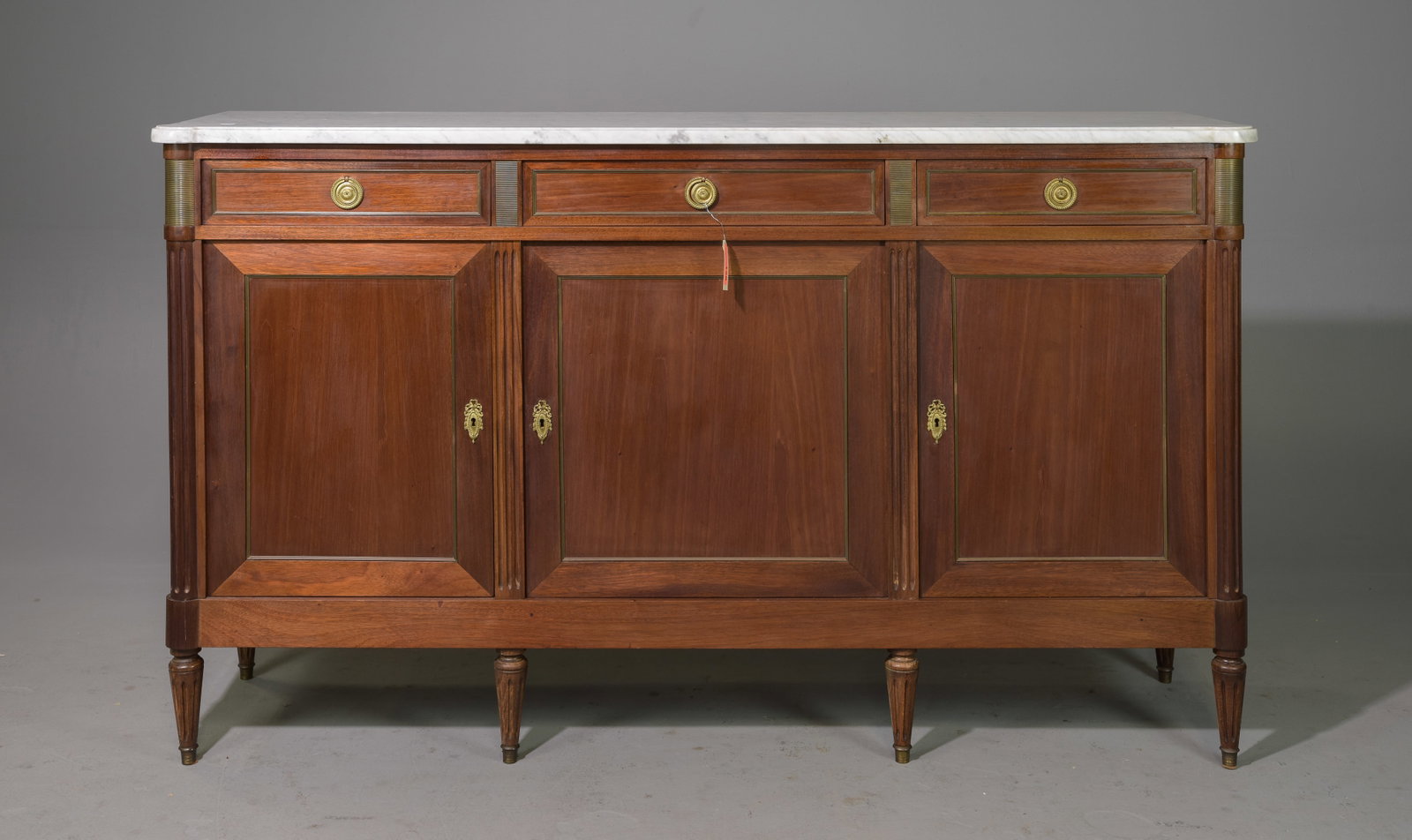 Louis XVI Style White Marble Top Sideboard: French Louis XVI Style White Marble Top Sideboard / Enfilade - 42.5 in tall x 71 x 19