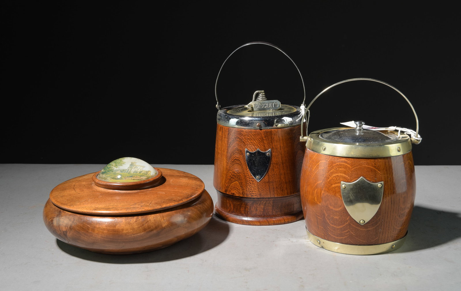 Two English Biscuit Barrels & 1 Circular Walnut Box (1 of 4)