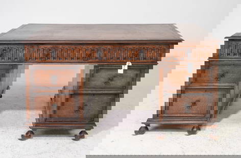 British Antique Oak Leather Top Desk c.1890's: British Antique Oak Leather Top Desk c.1890's-1920's - 31 in tall x 59.5 x 36, Kneehole is 23 x 22