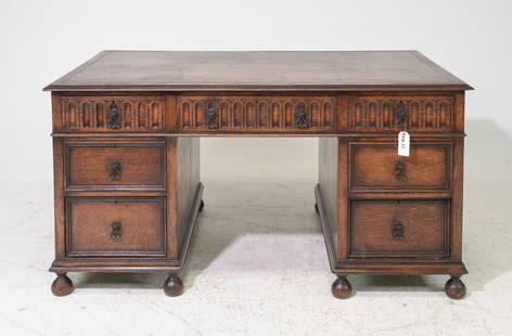 British Antique Oak Leather Top Desk c.1890's: British Antique Oak Leather Top Desk c.1890's-1920's - 31 in tall x 59.5 x 36, Kneehole is 23 x 22