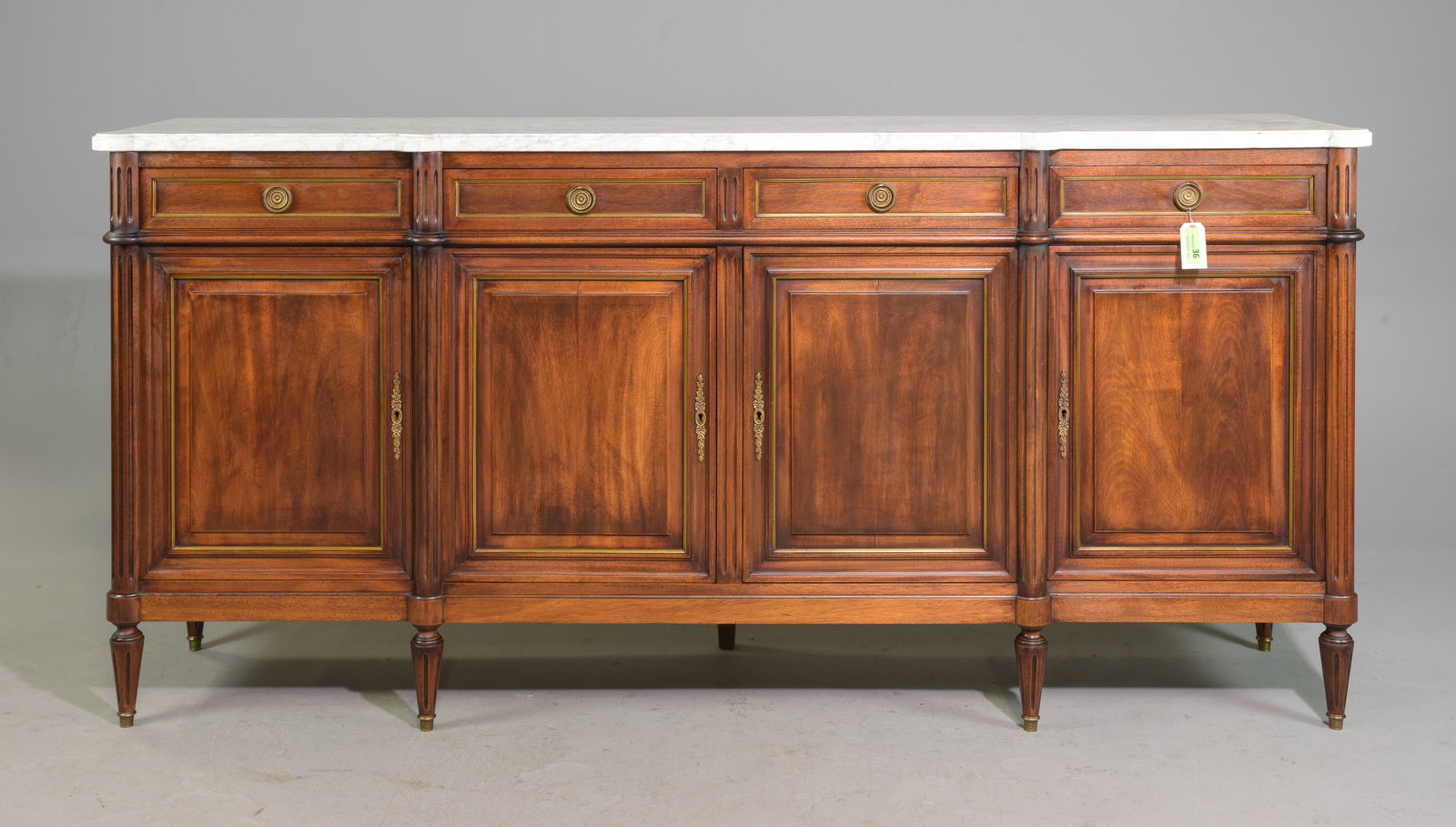 Louis XVI Style White Marble Top Sideboard #1: French Louis XVI Style White Marble Top Sideboard / Enfilade c.1940's-50's - 42 in tall x 89 x 20 - This is 7.4 feet long - The marble has been poorly repaired in one corner - REVIEW PHOTOS