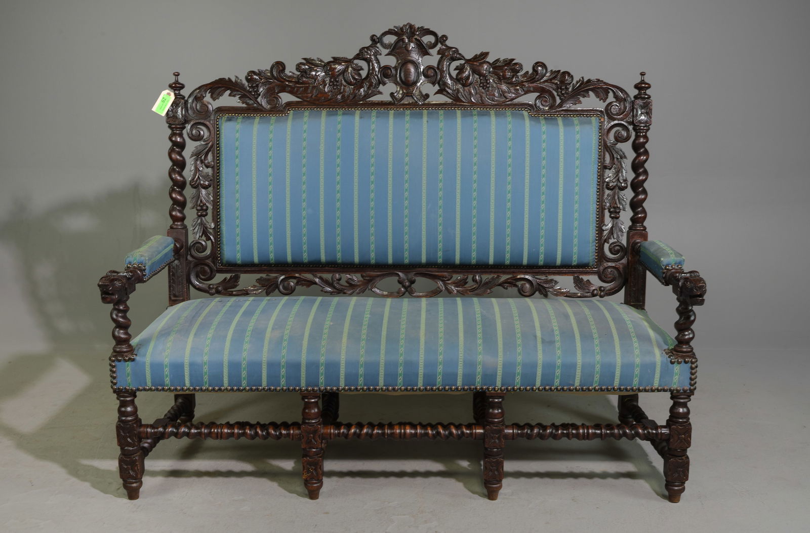 Renaissance Style Finely Carved French Twist Sofa: Renaissance / Louis XIII Style Finely Carved Oak French Twist Sofa / Settee c.1890's-1920's - 52.5 in tall x 65 x 25, Seat height is 18 inches