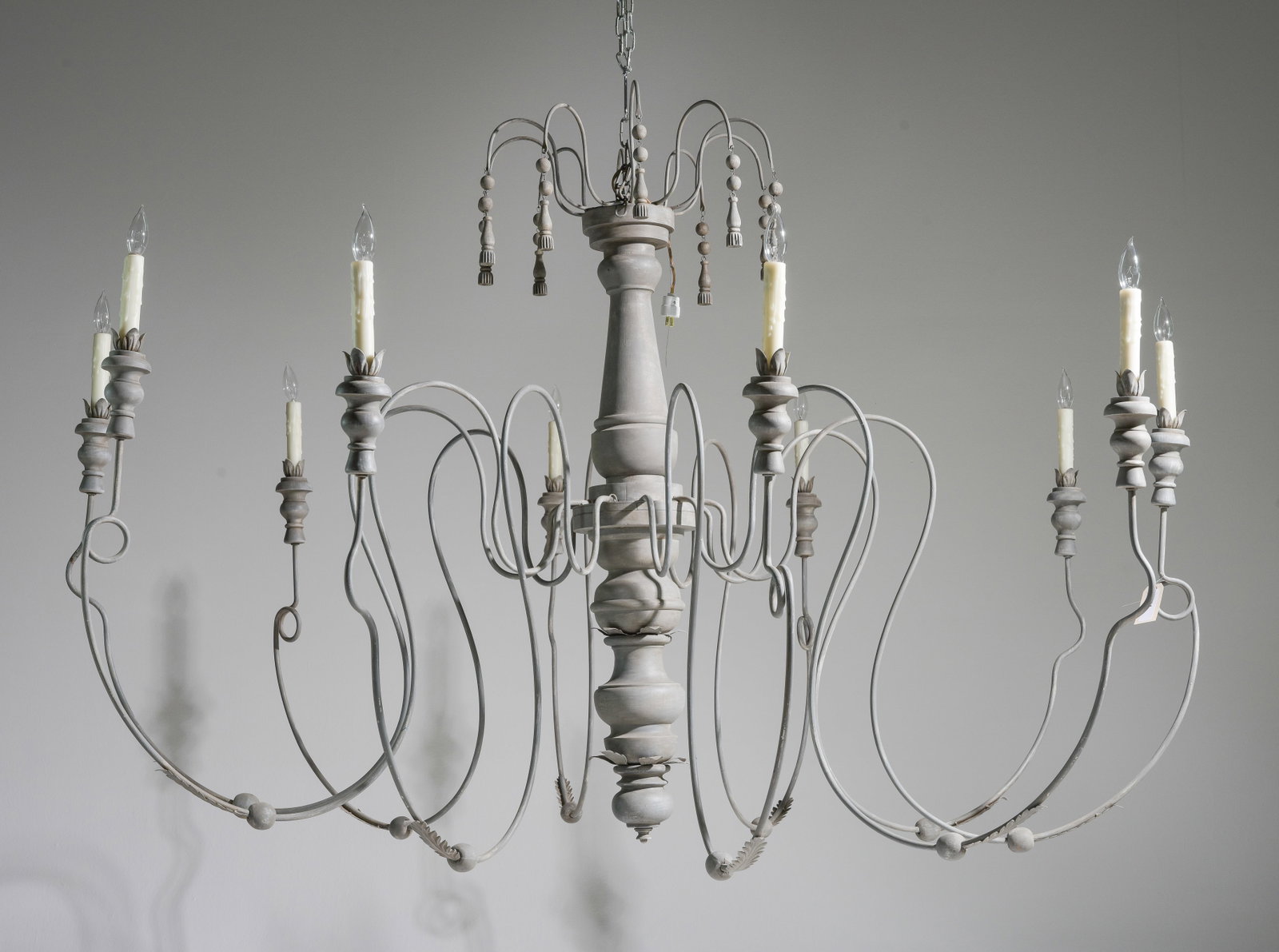 Monumental French / Italian Grey Chandelier: Monumental French / Italian Grand Grey Painted Wood Chandelier - 45 in tall x 77 inch diameter - This was purchased in France exclusively for a prominent Memorial area home.