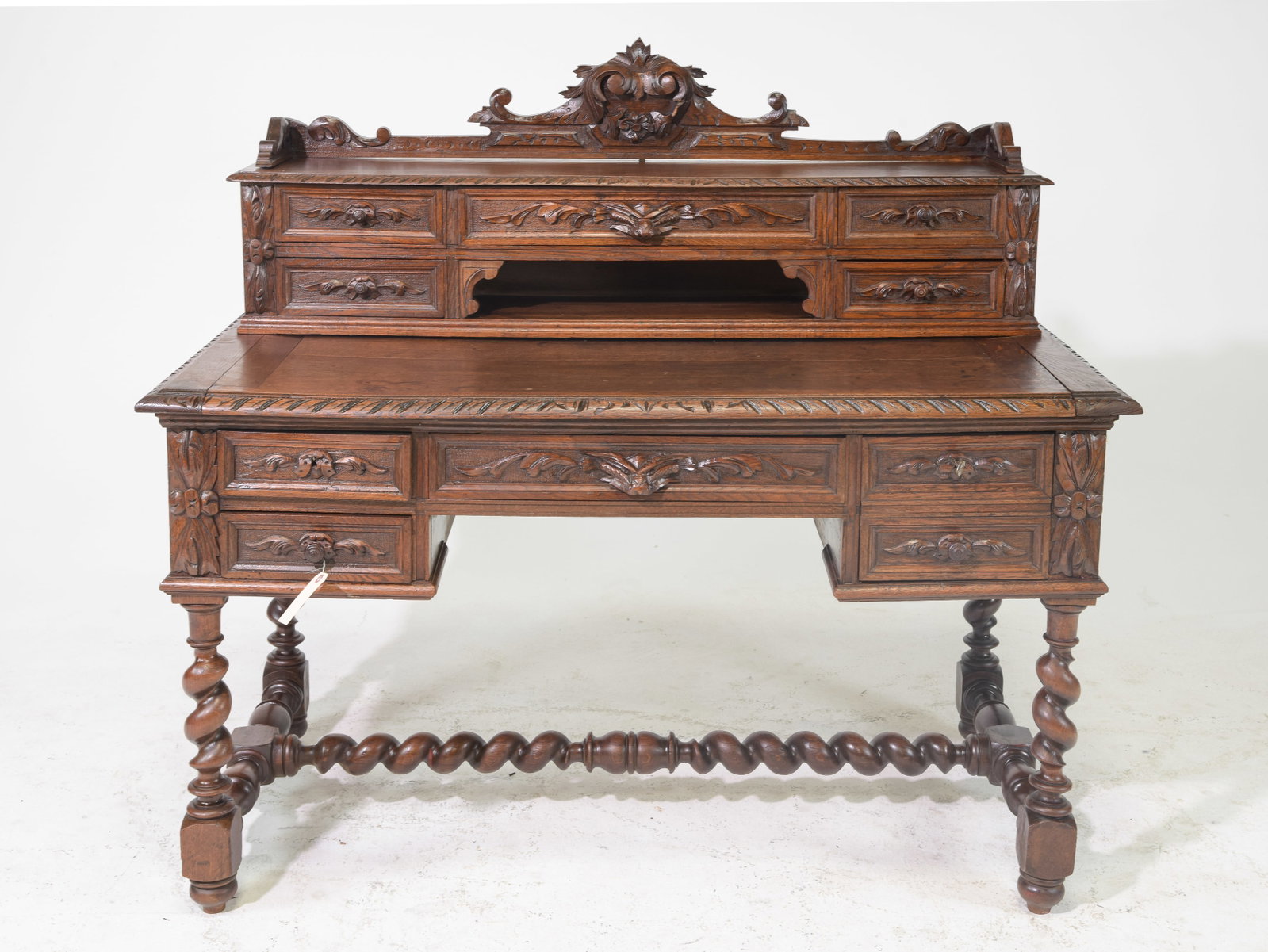Louis XIII Style Finely Carved Oak Desk c.1920's: French Louis XIII Style Finely Carved Oak French Twist Desk c.1920's-30's - 44 in tall x 51.5 x 25, Kneehole is 22.5 x 20.5