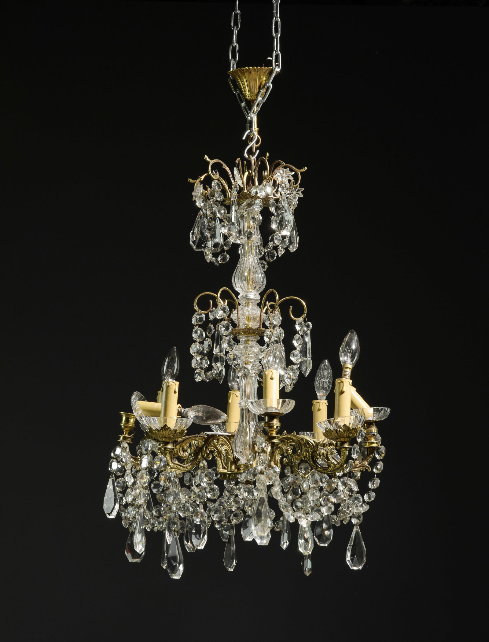 French Brass & Glass Crystal Chandelier: French Brass & Glass Crystal Chandelier -