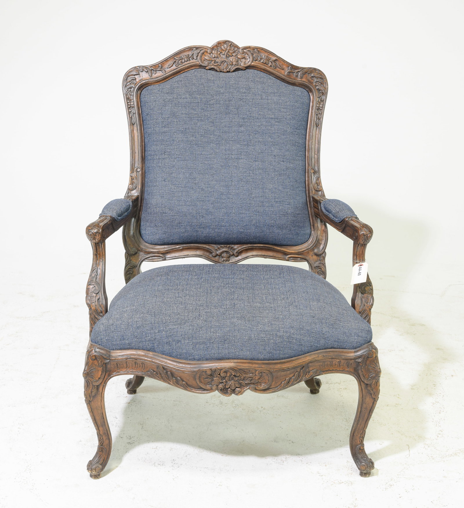 French Louis XV Style Upholstered Arm Chair: French Louis XV Style Upholstered Arm Chair - 40.5 inches tall x 29.5 x 26, seat height is 18 inches