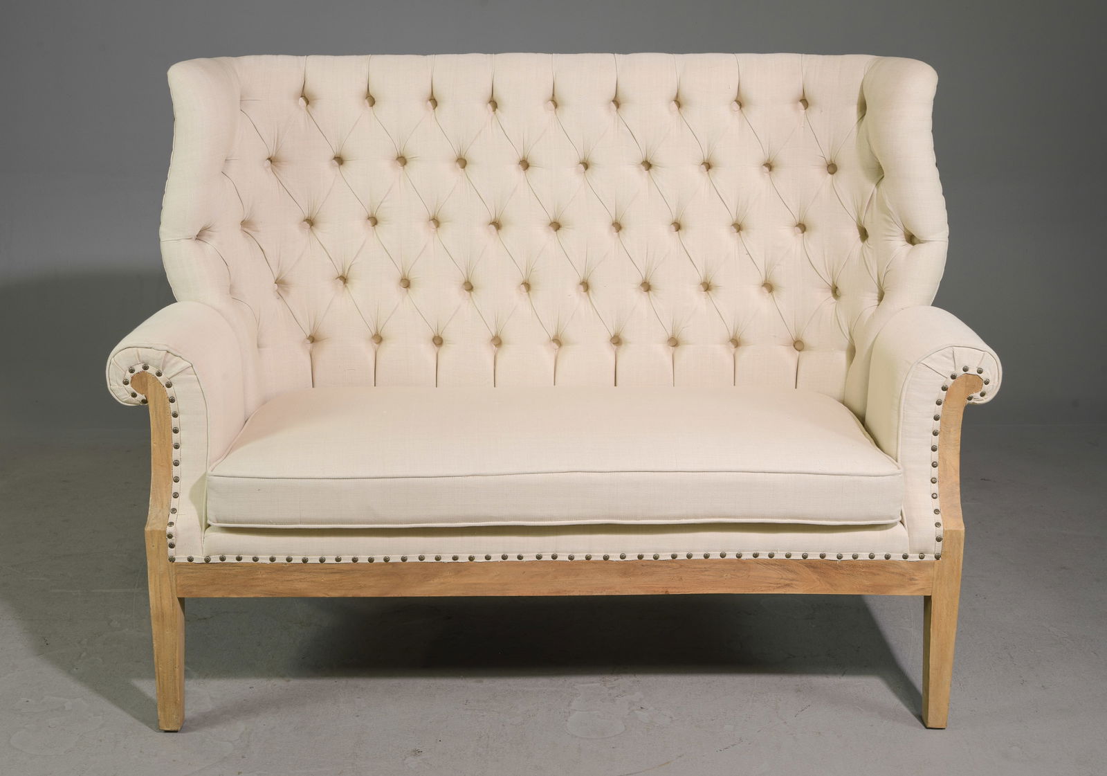 Coastal High Back Tufted Linen Settee / Sofa (1 of 4)