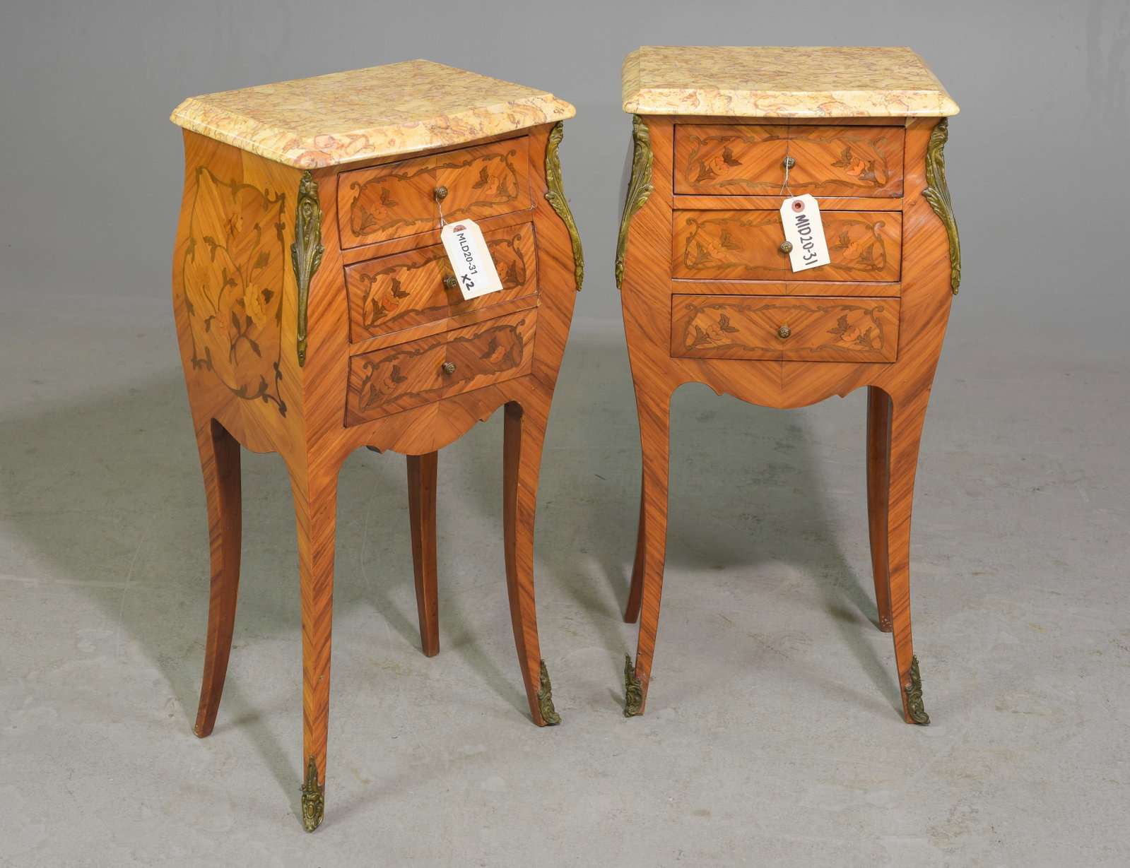 Pair Of Louis XV Style Marble Top Nightstands: Pair Of French Louis XV Style Marble Top Nightstands - 29.5 inches tall x 15 x 11