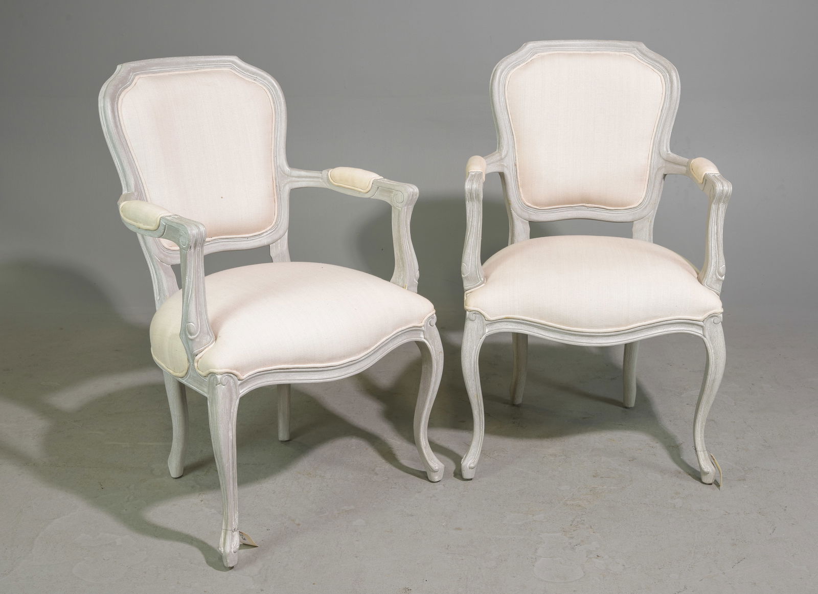 Pair Of Linen Painted Coastal Arm Chairs: Pair Of Linen Painted Coastal Arm Chairs - 40 inches tall x 24 x 22, seat height is 18 inches