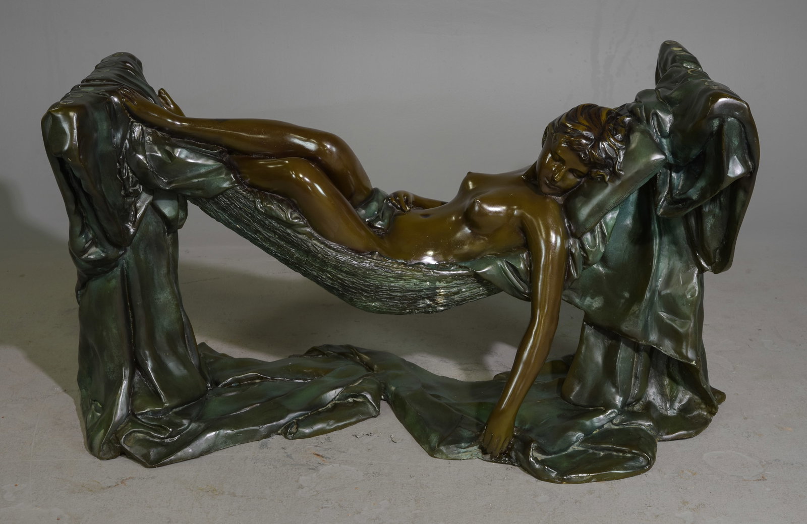Bronze Art Deco Style Sculptural Base Dining Table: Bronze Art Deco Style Nude Sculptural Base Dining Table with Glass Top - 30 inches tall x 84 x 48
