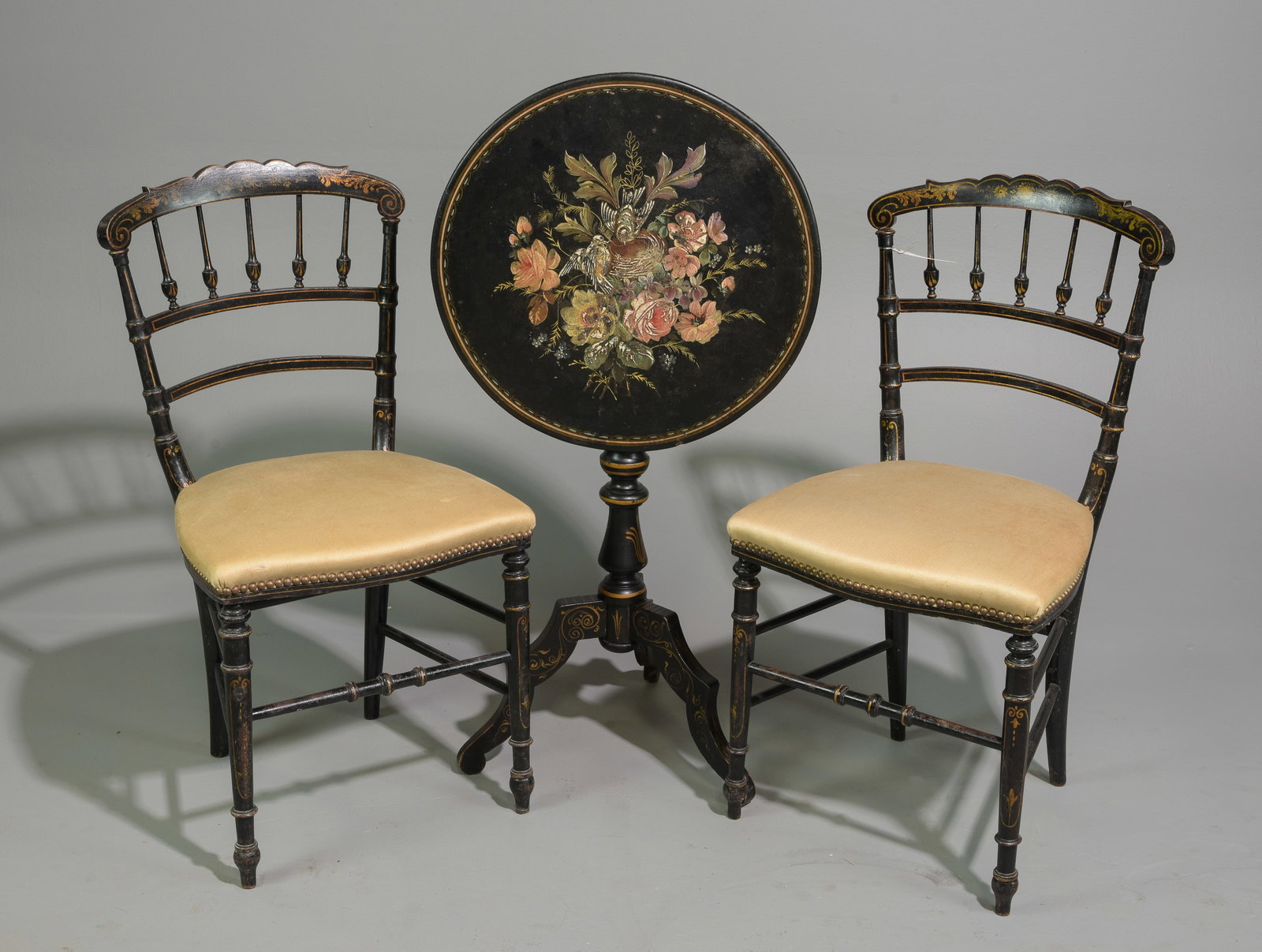 French Pair of Chairs & Floral Painted Tilt Top Table (1 of 8)