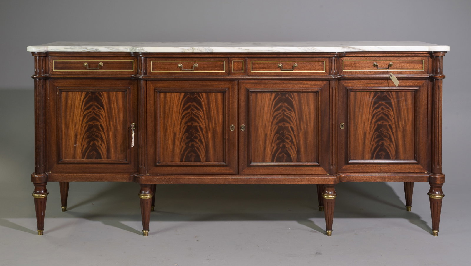 Louis XVI Style White Marble Top Sideboard: French Louis XVI Style White Marble Top Mahogany Sideboard / Enfilade c.1940's-50's - 43 in tall x 94.5 x 23 - This is 7.8 feet long
