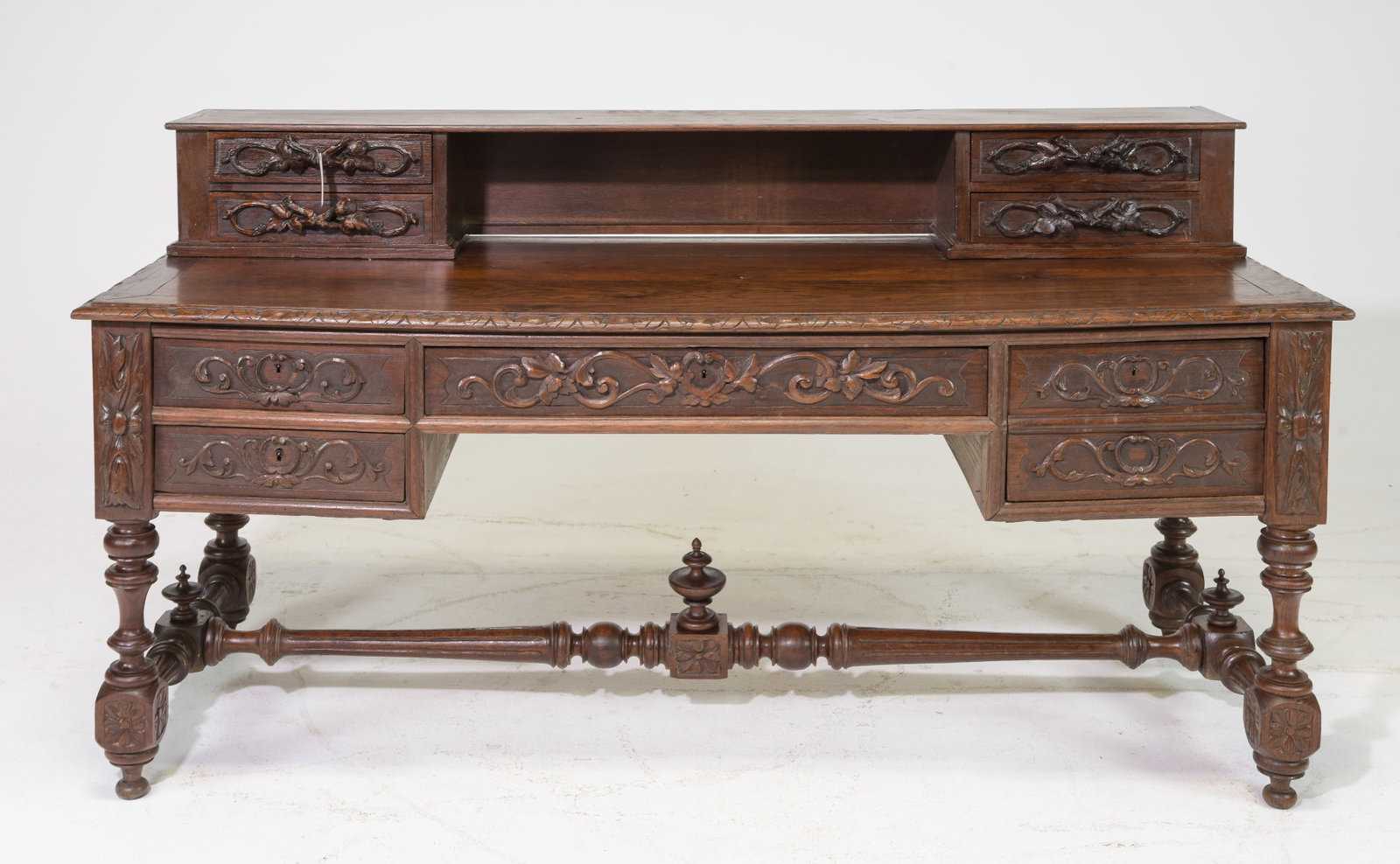 Large Louis XIII Style Oak Carved Desk: Large French Louis XIII Style Oak Carved Desk - 37.5 inches tall x 67.5 x 26.5, kneehole is 21.5 inches tall x 30.5 inches wide