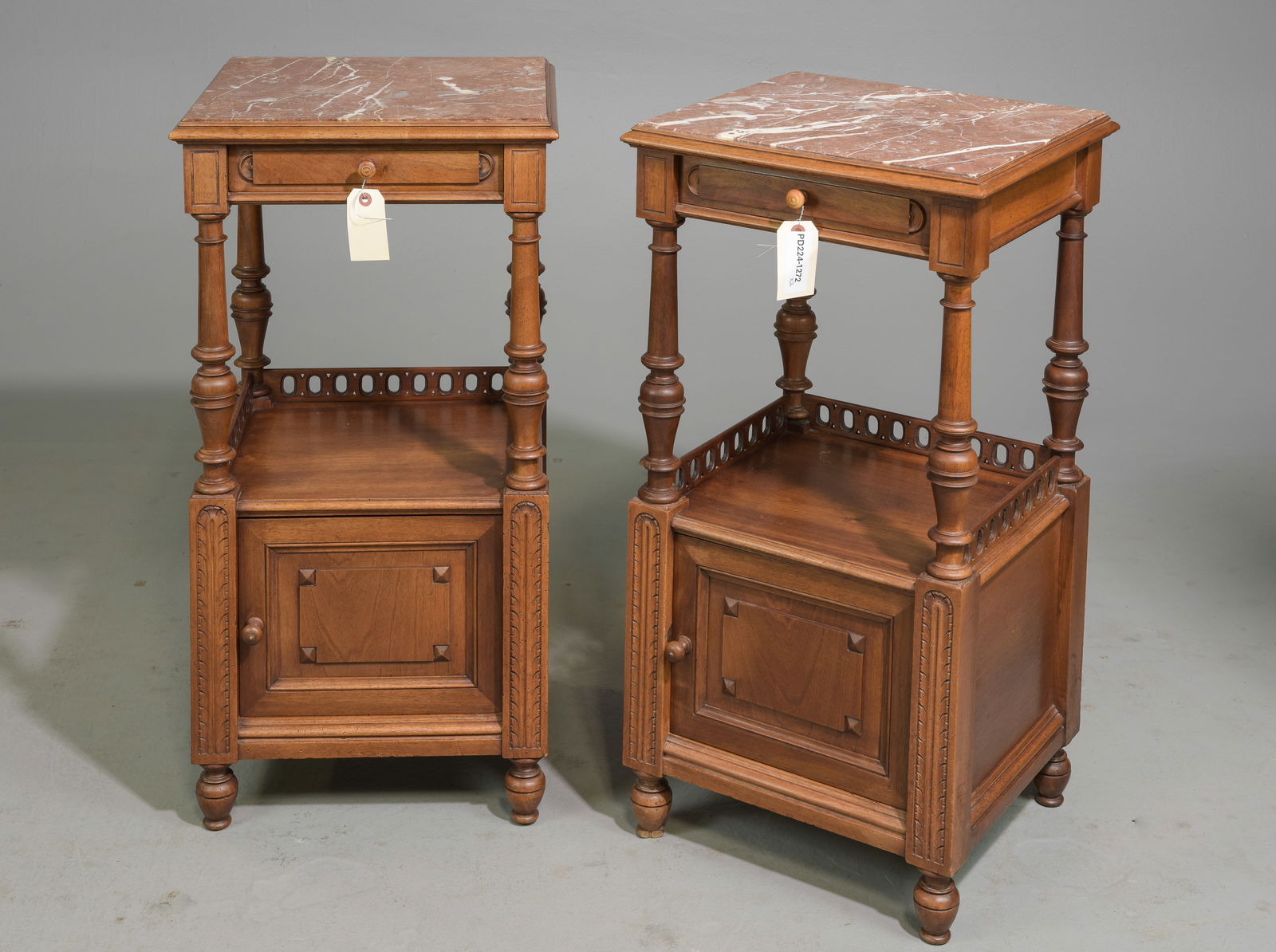 2 Henri II Style Inset Marble Top Nightstands c.1920's (1 of 6)
