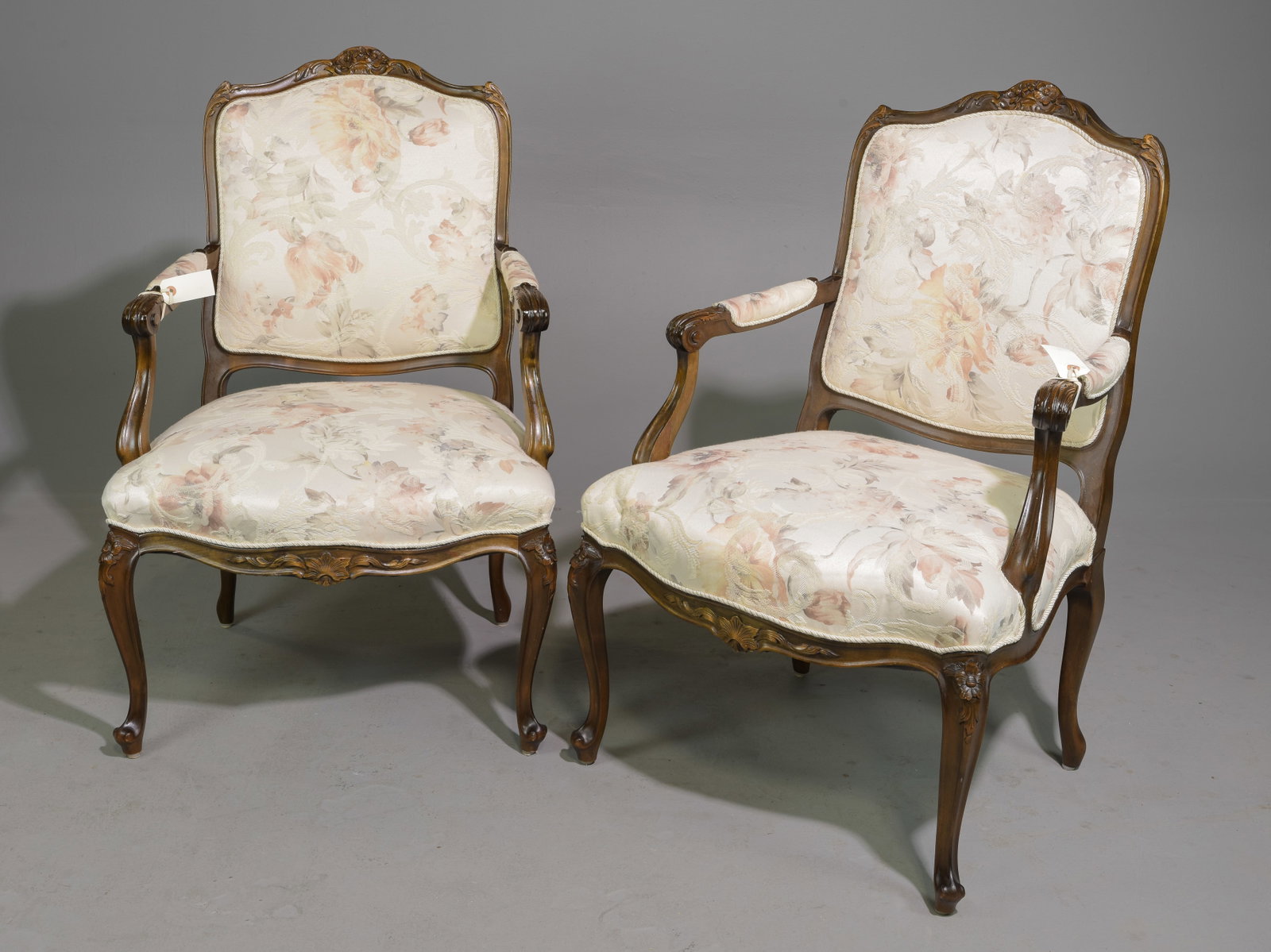 Pair of French Style Floral Upholstered Arm Chairs: Pair of French Style Floral Upholstered Arm Chairs - 38.25 in tall x 26 x 26.5, Seat height is 16.5 inches
