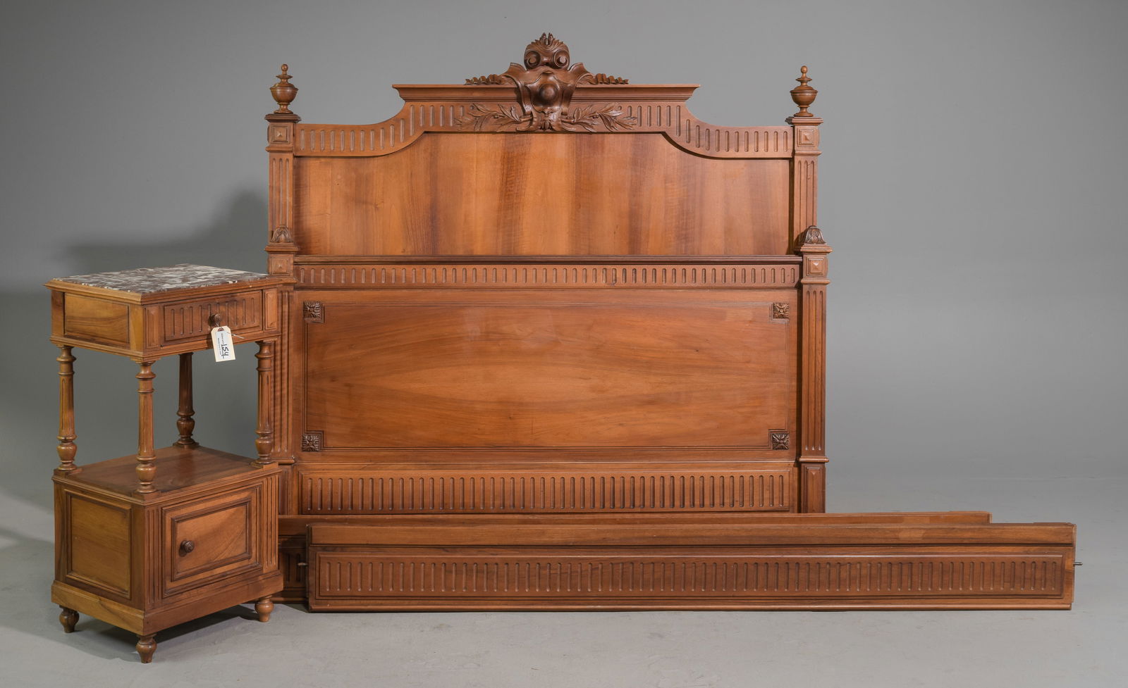 Louis XVI Style Walnut Bed with Rails & Nightstand: French Louis XVI Style Walnut Bed with Rails & Inset Marble Top Nightstand - Headboard is 55.5 in tall x 56 x 6.5, Rails are 73 inches long each, Nightstand is 33 in tall x 16 x 14 - This bed is a Eur