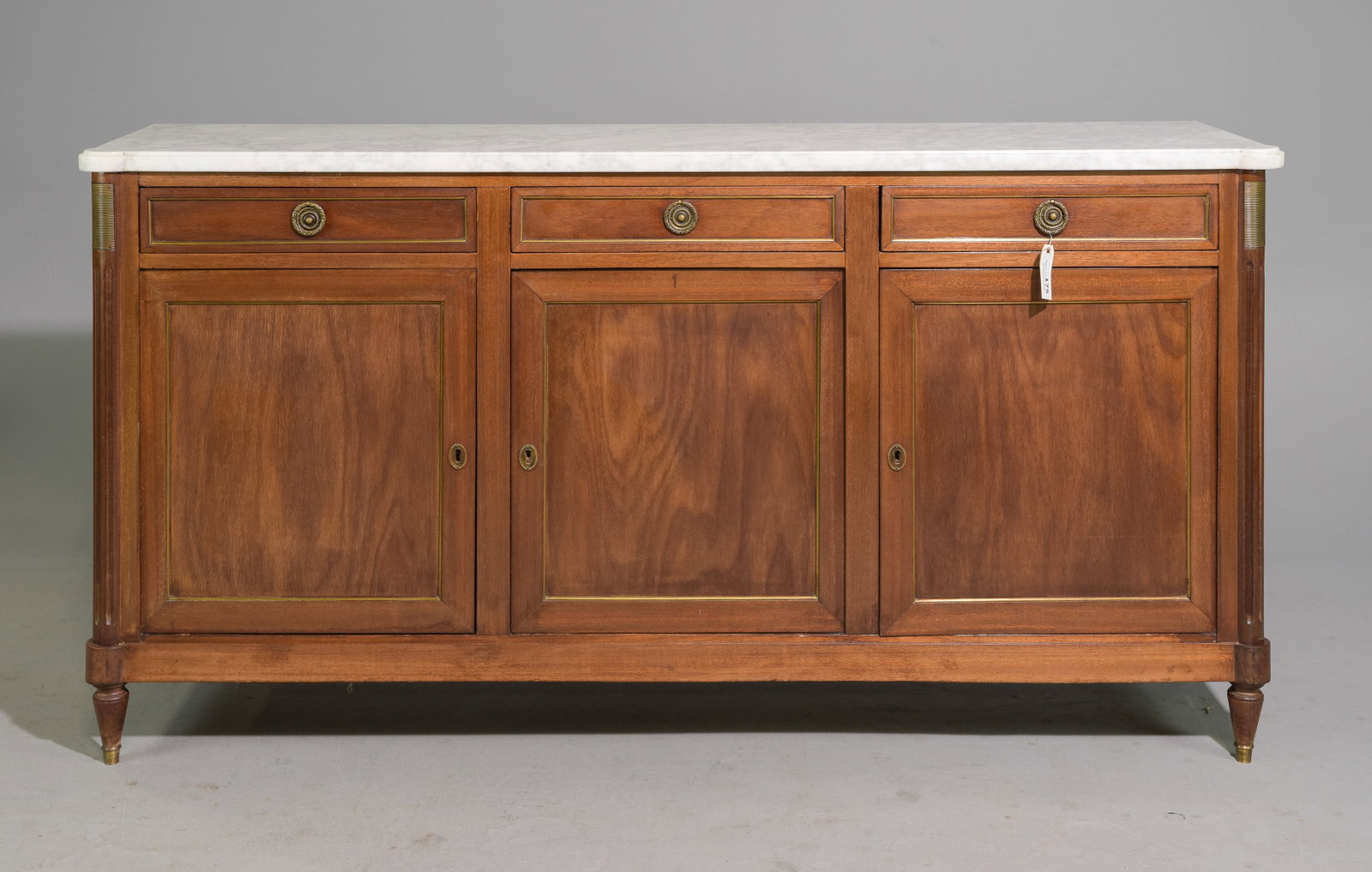 Louis XVI Style White Marble Top Mahogany Sideboard: French Louis XVI Style White Marble Top Mahogany Sideboard / Enfilade - 37.5 in tall x 72 x 19