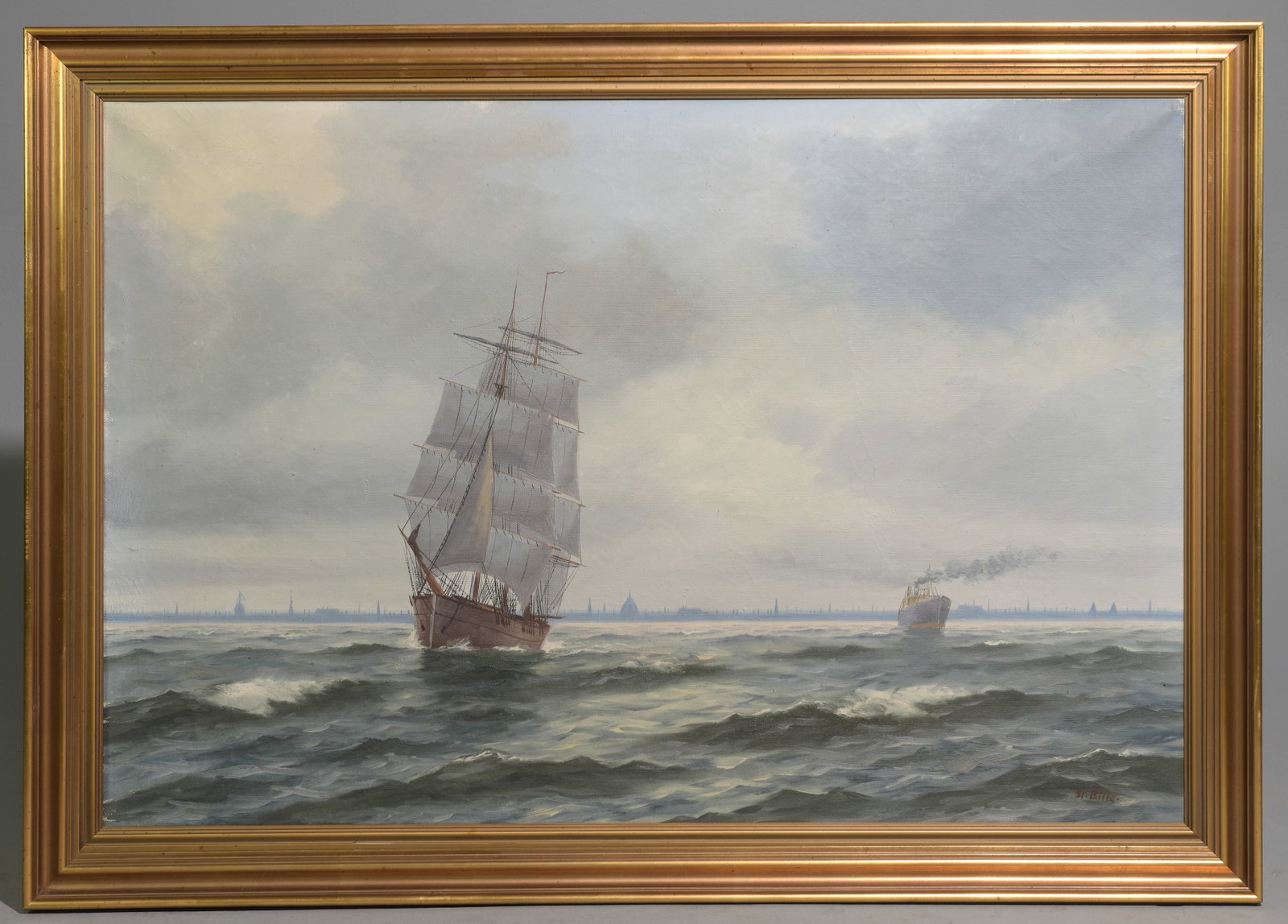 Danish Oil on Canvas by Sten Bille 1890-1953: Danish Gold Framed Oil on Canvas "Ship & Steamer in Choppy Waters" by Sten Bille 1890-1953 - 39.5 in tall x 55.25 x 2.5, The work itself is 49 x 34