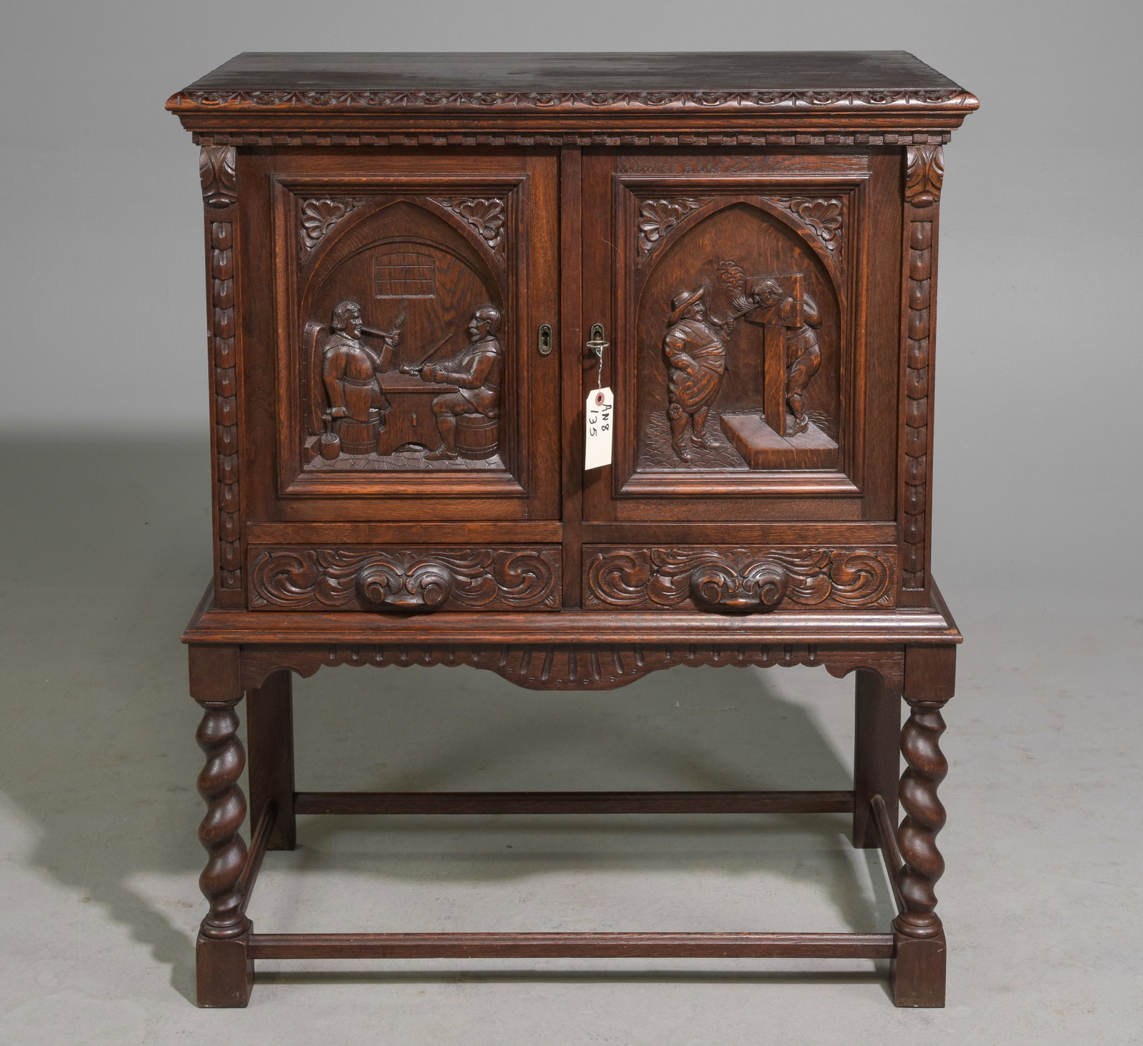 Renaissance Style Carved Oak Barley Twist Cabinet: Renaissance Style Carved Oak Barley Twist Hall Cabinet - 40 in tall x 33 x 16.5
