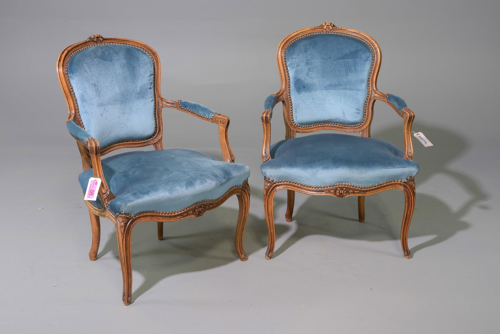 2 Louis XV Style Blue Upholstered Arm Chairs: 2 French Louis XV Style Blue Upholstered Arm Chairs - 33.25 in tall x 24.25 x 22, Seat height is 16 inches