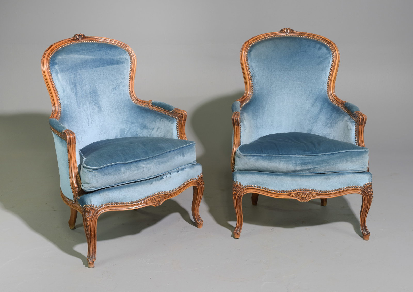 2 Louis XV Style Blue Upholstered Bergere Chairs: 2 French Louis XV Style Blue Upholstered Bergere Chairs - 36.75 in tall x 25.5 x 26.75, Seat height is 17 inches