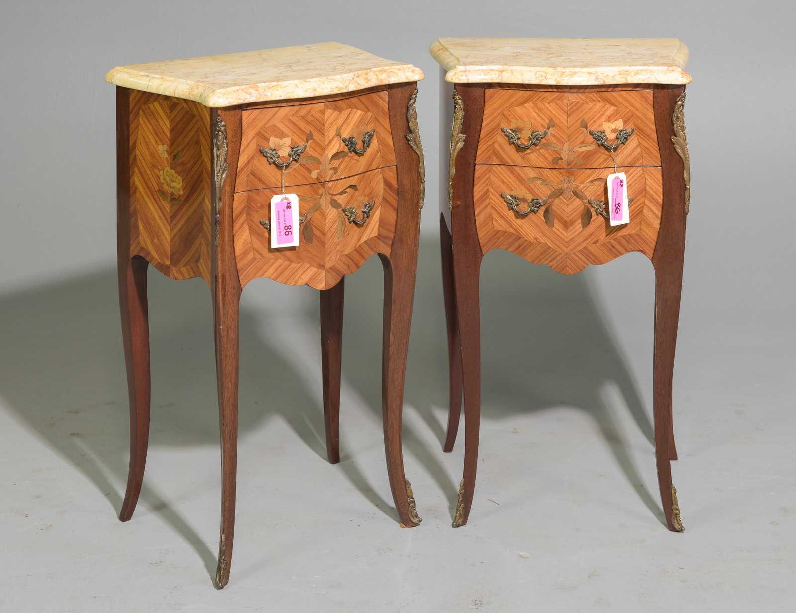 2 Louis XV Style Inlaid Marble Top Chests / Nightstands: 2 French Louis XV Style Inlaid Marble Top Chests / Nightstands - 30 in tall x 18 x 18