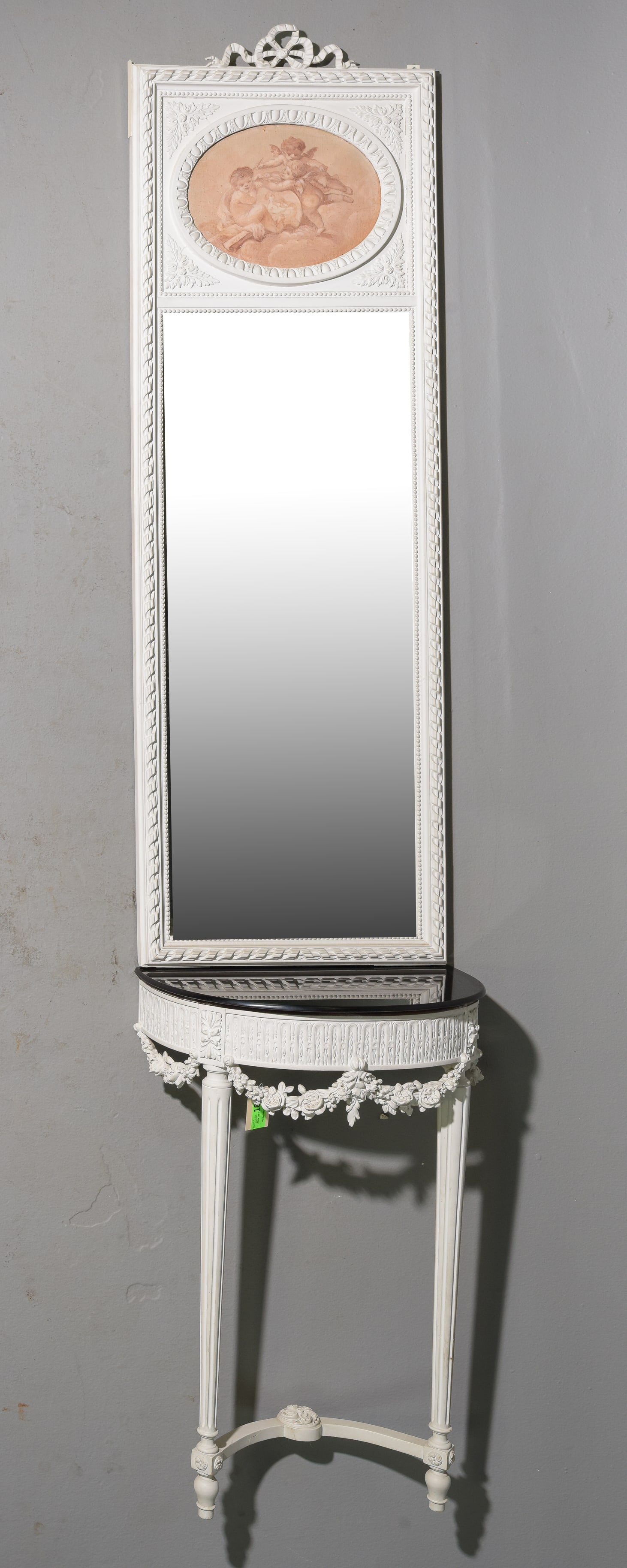 French Painted Trumeau Mirror with Console: French Painted Trumeau Mirror with Console - Mirror is 66 in tall x 21.5 x 1.5, The console is 35 in tall x 21.5 x 12.5